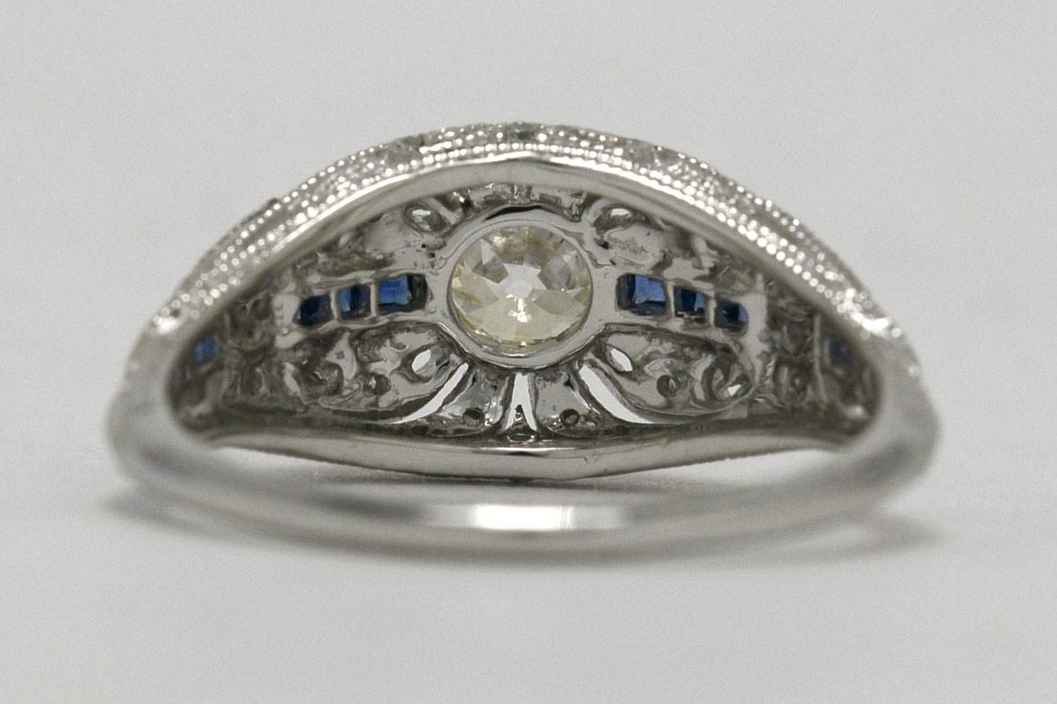 Old European Brilliant Diamond Blue Sapphire Engagement Ring Art Deco Inspired In New Condition In Santa Barbara, CA