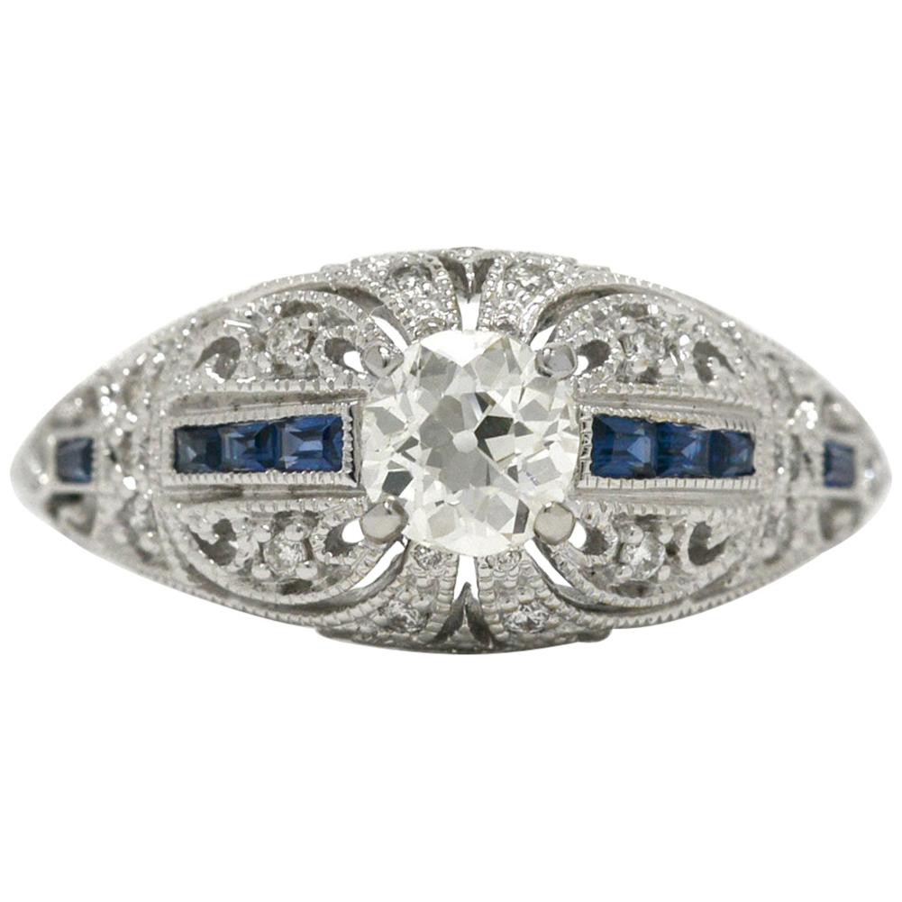 Old European Brilliant Diamond Blue Sapphire Engagement Ring Art Deco Inspired