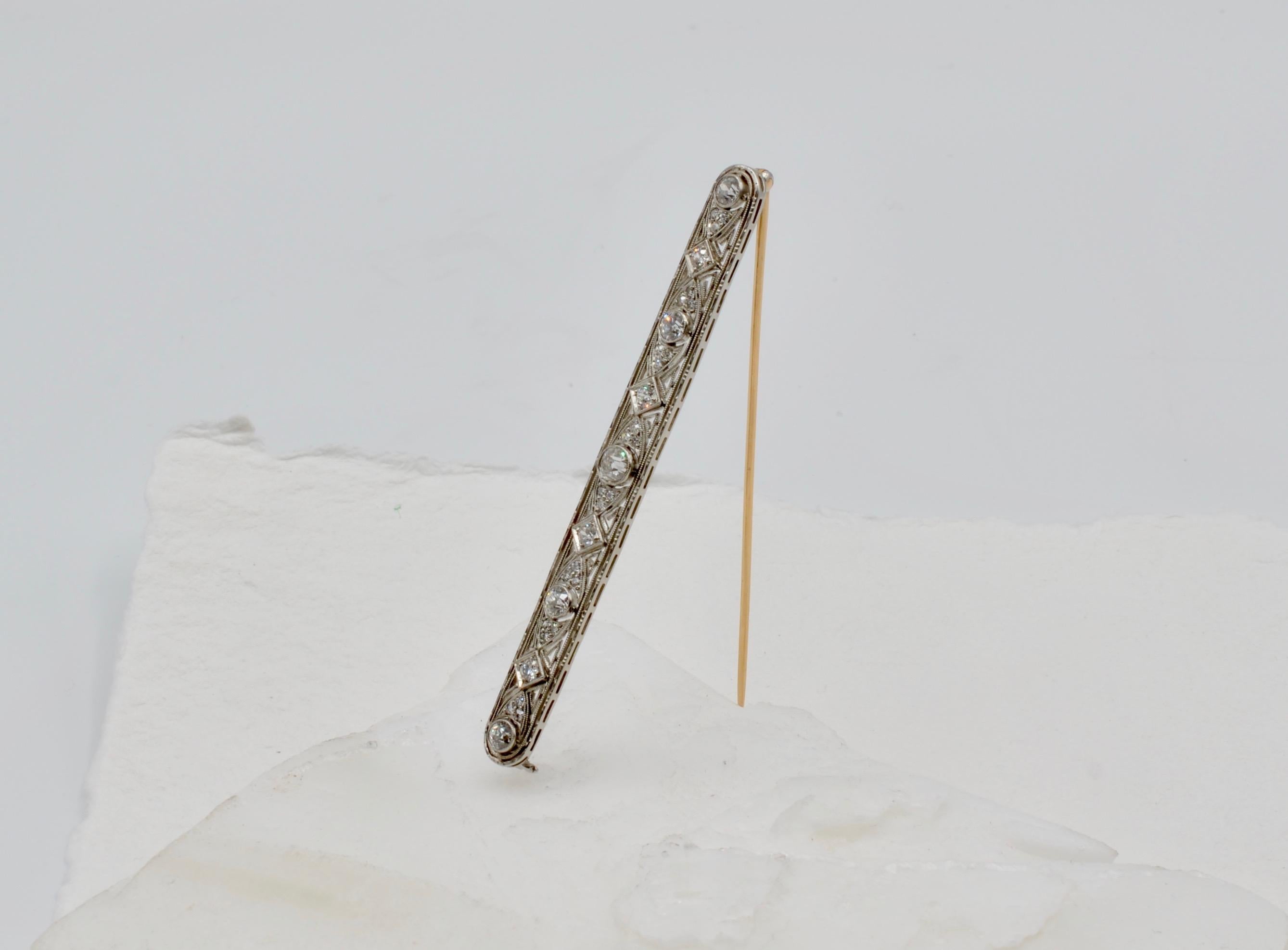 Old European Cut 1.45 Carat Diamond and Platinum Bar Pin In Excellent Condition In Berkeley, CA