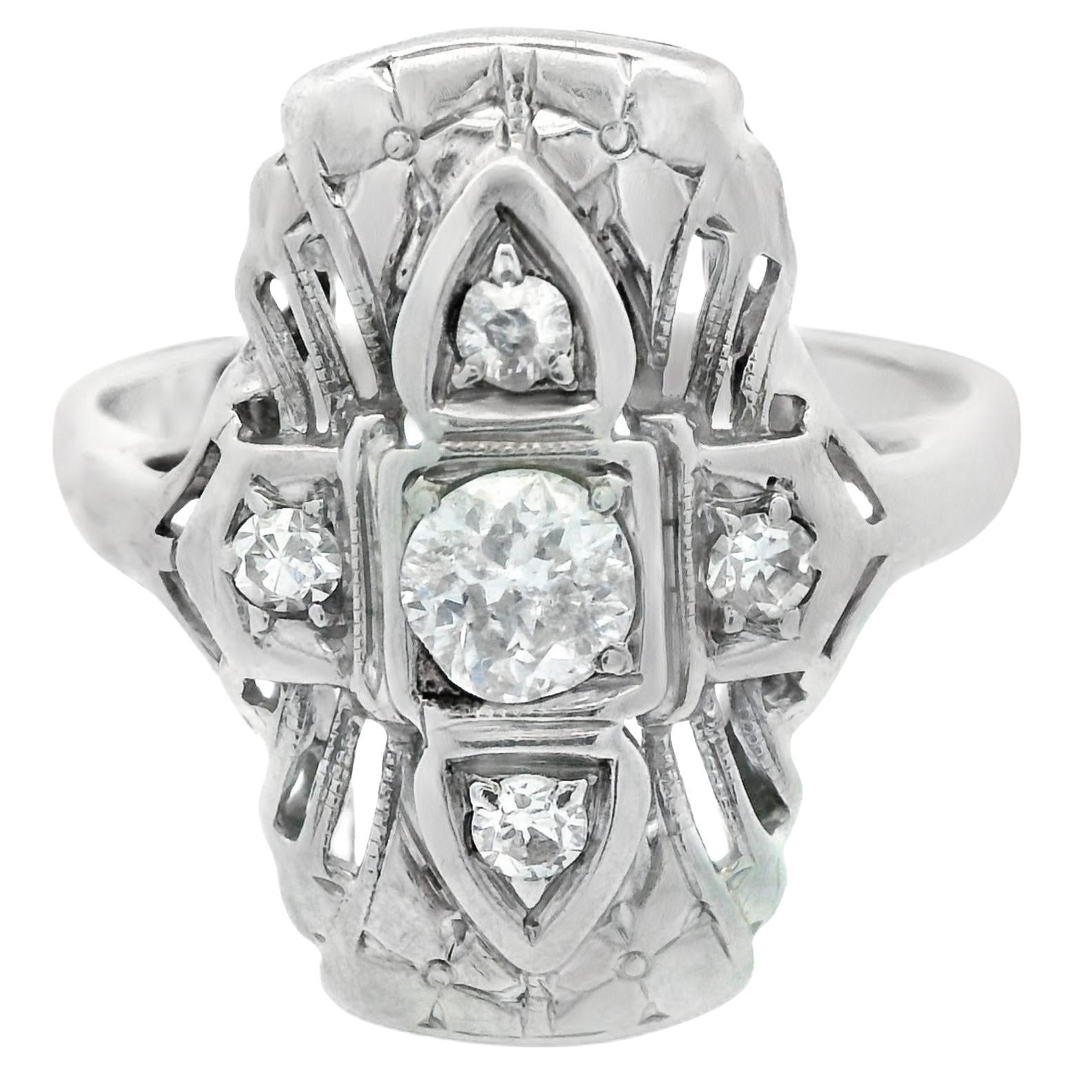 Old European Cut 14k White Gold Antique Diamond Ring