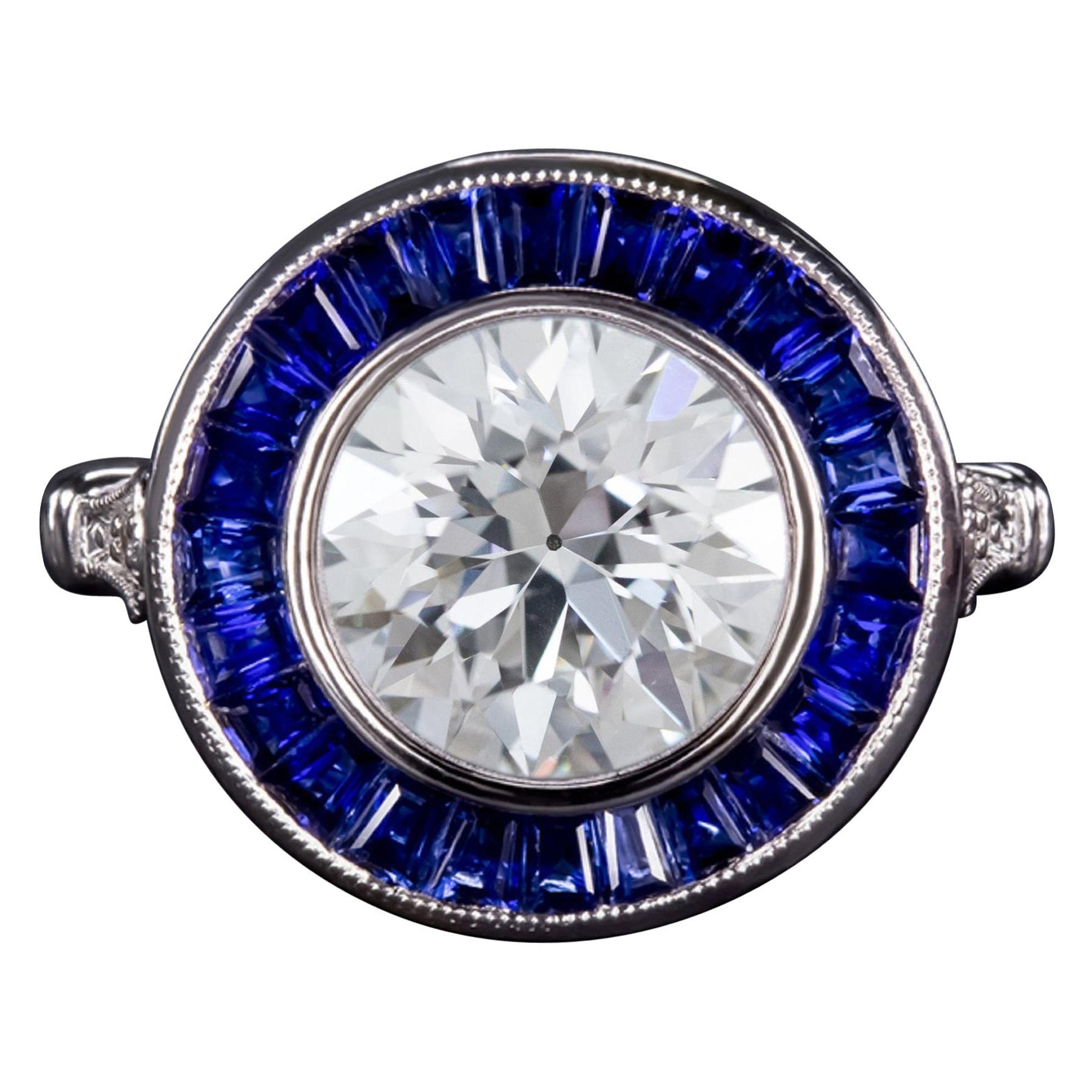 Old European Cut Diamond Blue Sapphire Engagement Solitaire Gold Ring