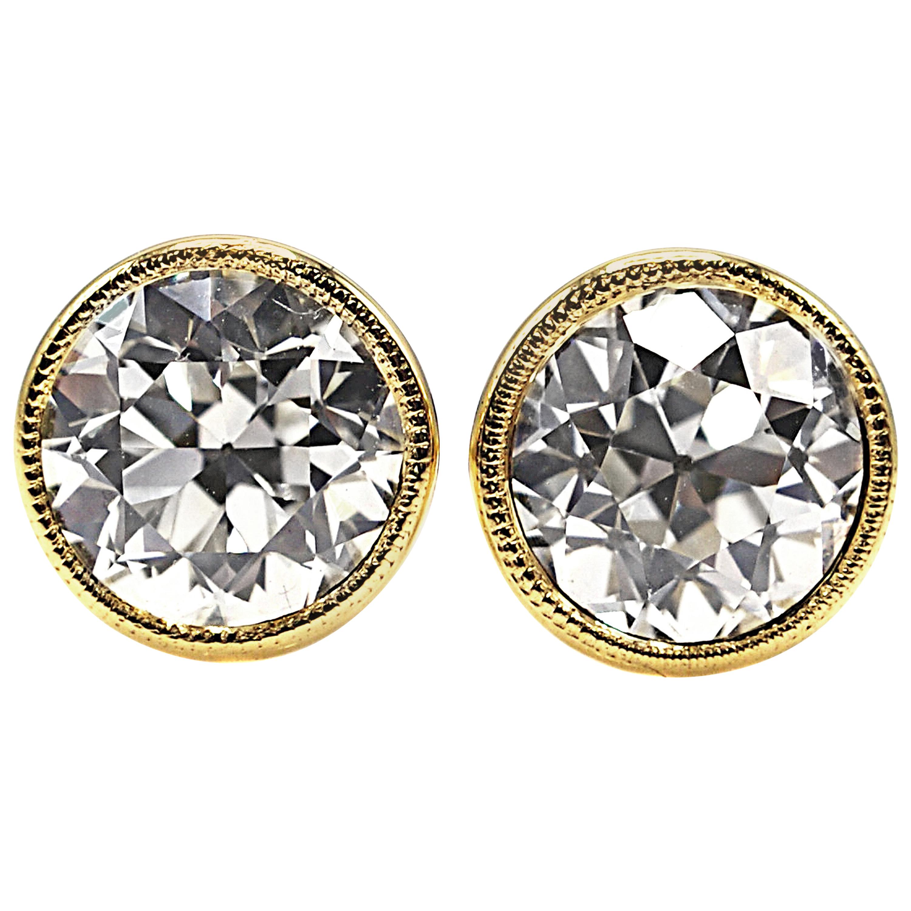 Old European Cut 3.12 Carat GIA Certified Diamond Gold Stud Earrings