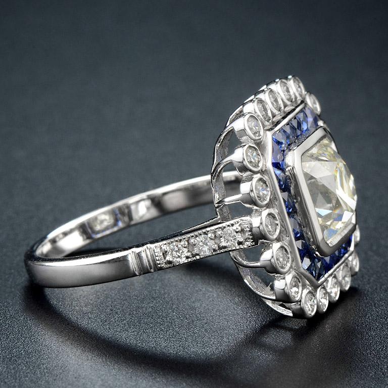 Emerald Cut Old European Cut Diamond 1.77 Carat Blue Sapphire Engagement Ring