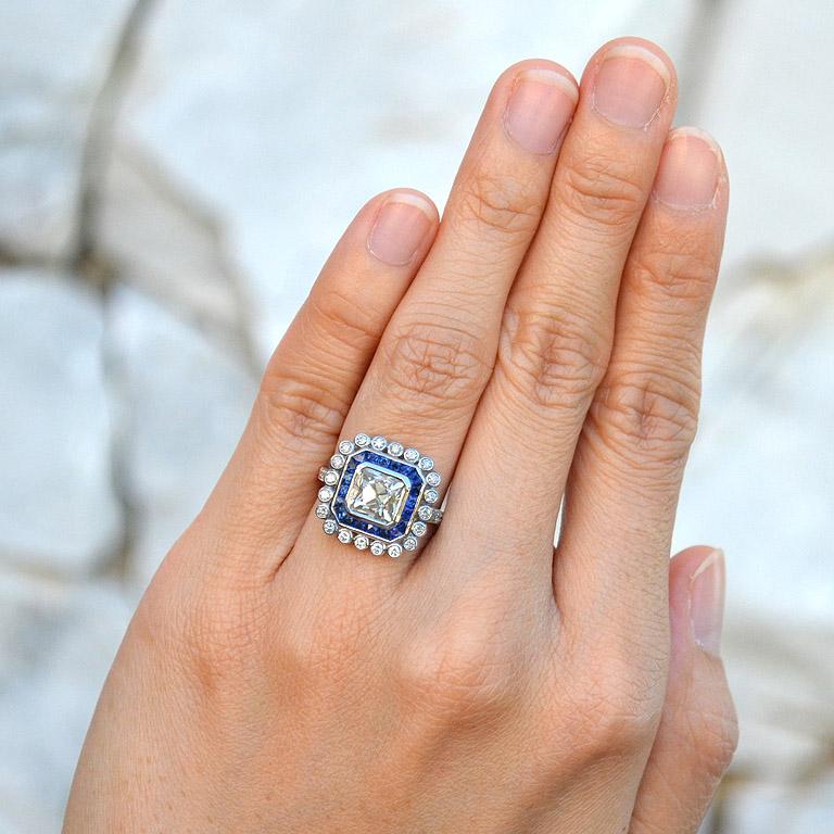 Old European Cut Diamond 1.77 Carat Blue Sapphire Engagement Ring 2