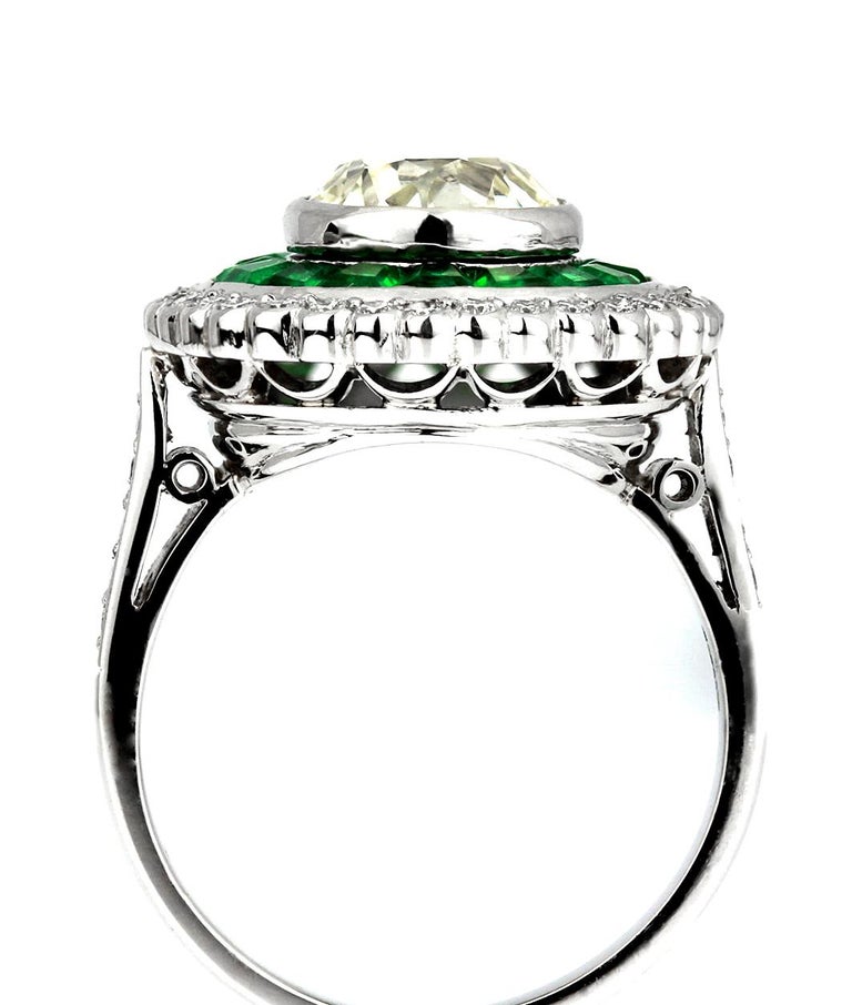 Old European Cut Diamond 2.1 Carat, with Emerald Cluster Ring at 1stDibs