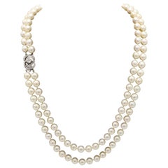 Old European Cut Diamond Akoya Double Strand 14 Karat Opra Length Pearl Necklace