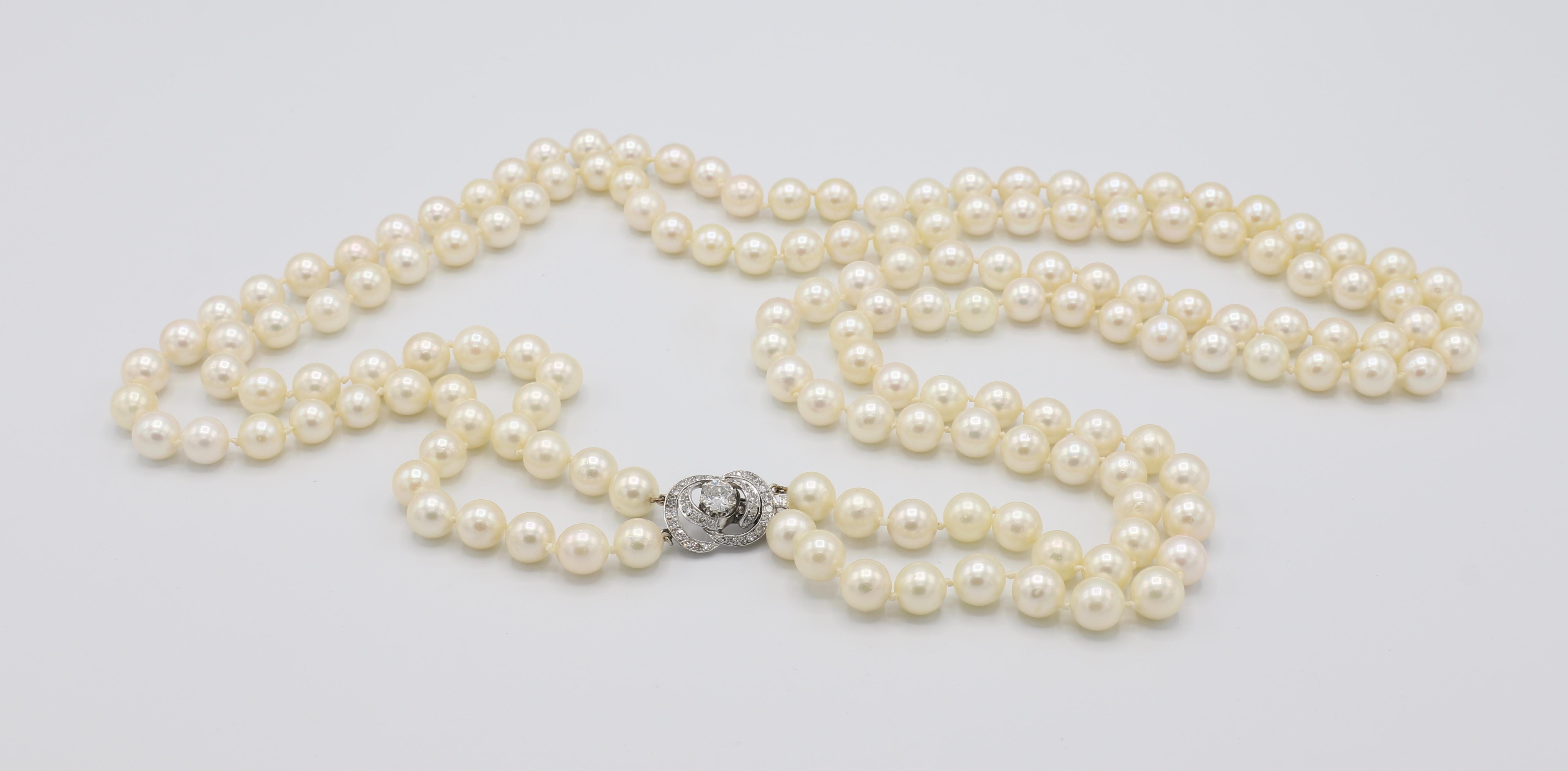 Old European Cut Diamond Akoya Double Strand 14 Karat Opra Length Pearl Necklace In Good Condition In  Baltimore, MD