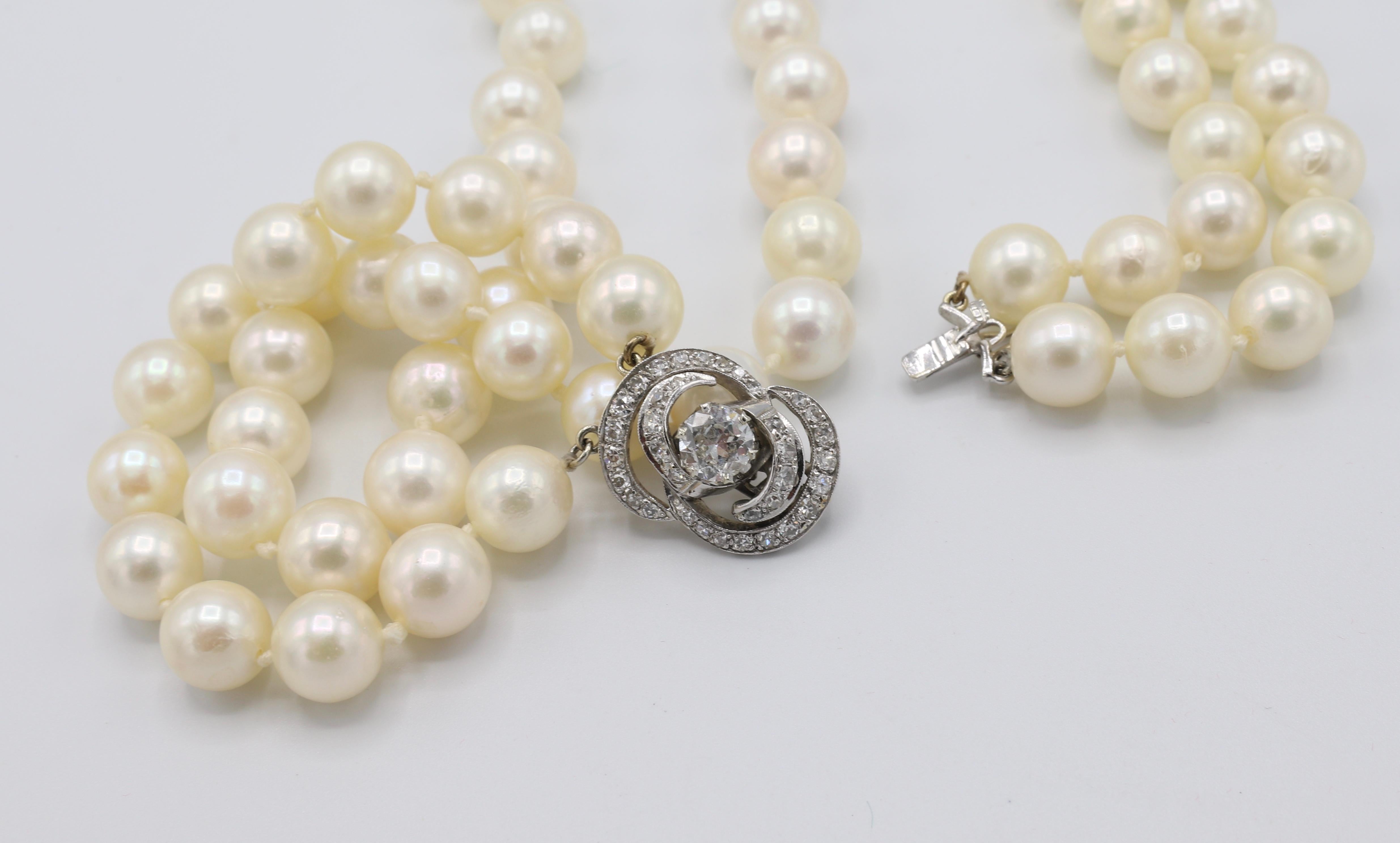 Women's Old European Cut Diamond Akoya Double Strand 14 Karat Opra Length Pearl Necklace