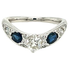 Old European Cut Diamond and Natural Blue Sapphire Curved Band in 14k Gold