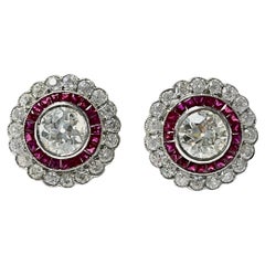 Old European Cut Diamond and Ruby Stud Earrings in Platinum