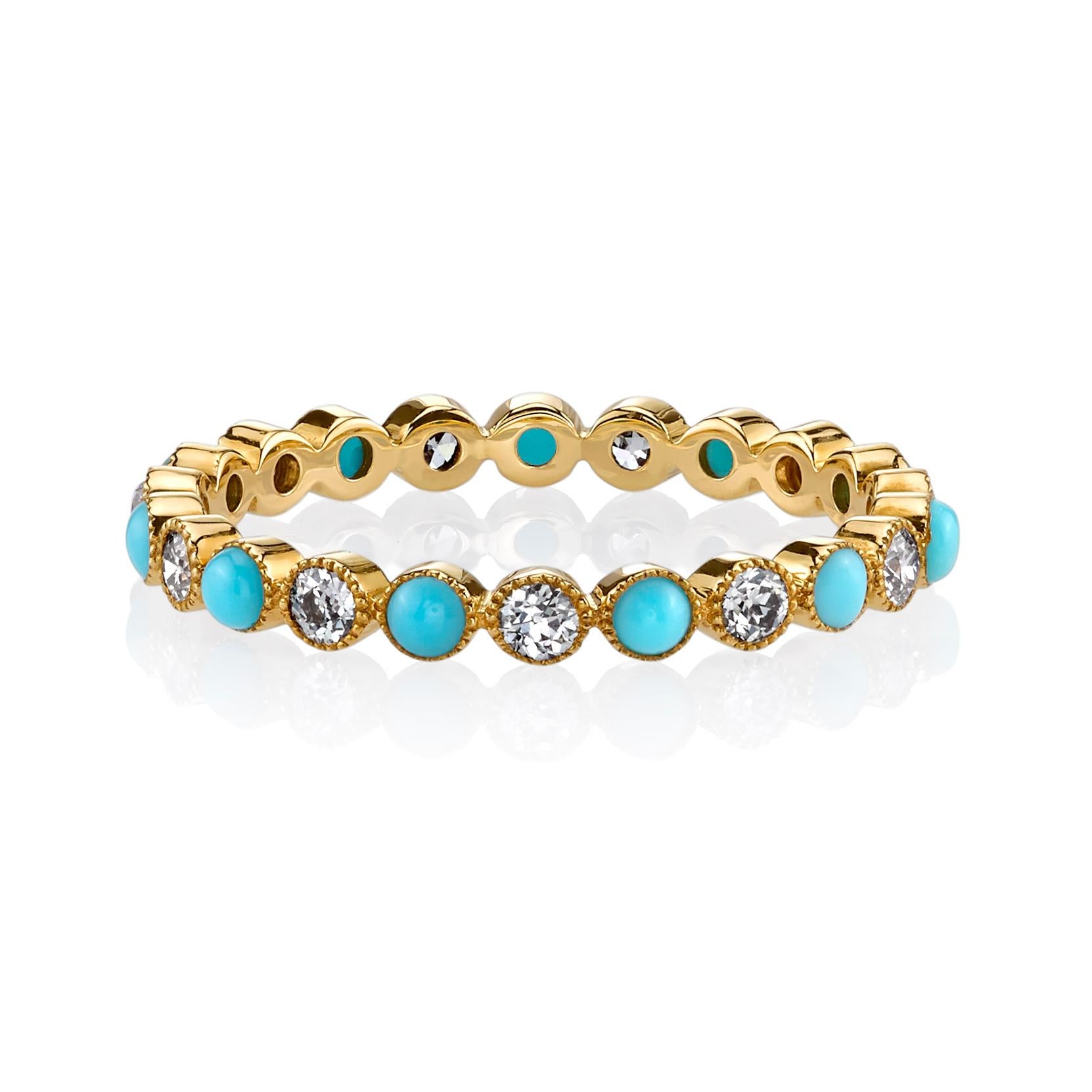 Approximately 0.32ctw Old European cut diamonds and Turquoise set in a handcrafted 18K gold eternity band. Price may vary according to total diamond weight. Available in mini and small sizes - photo shown is the mini size. Platinum price is up to a