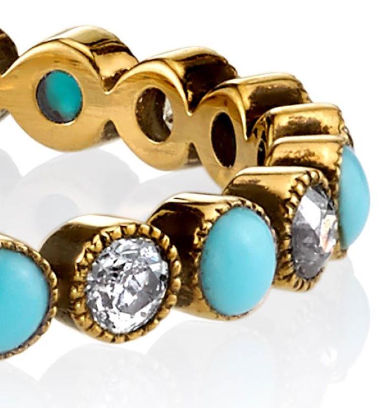 Old European Cut Diamond and Turquoise Eternity Band In New Condition In Los Angeles, CA