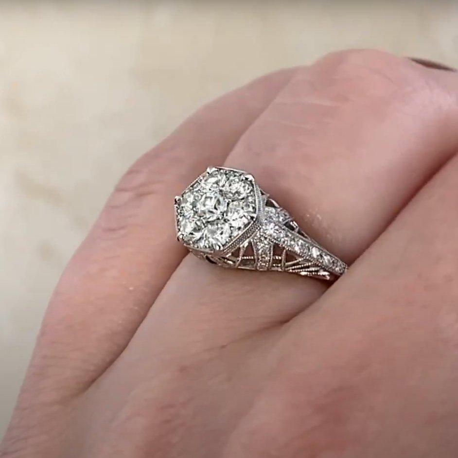 Anillo en racimo hexagonal de diamantes talla europea antigua (aprox. 0,50 quilates), platino Corte europeo antiguo en venta