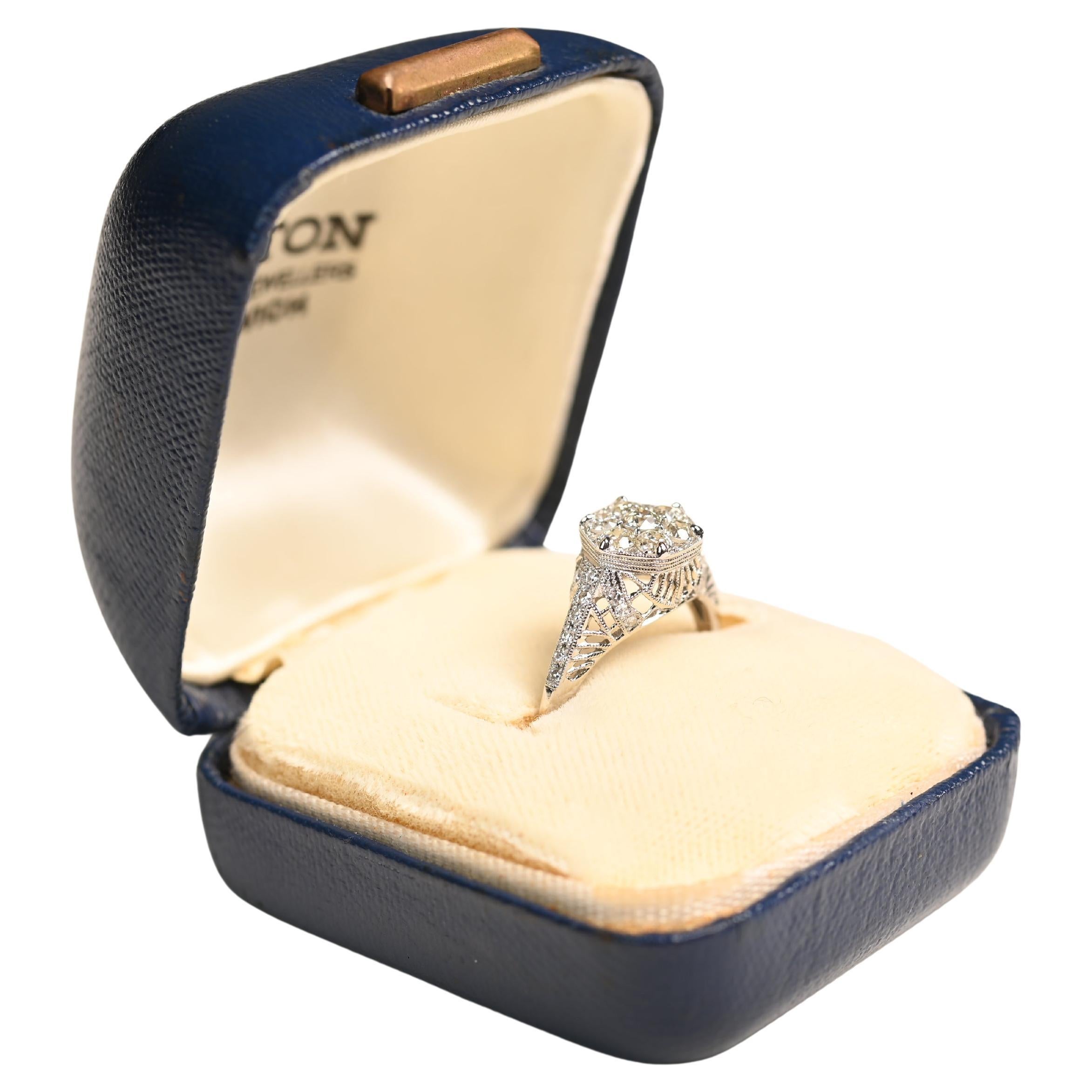 Old European Cut Diamond (Approx 0.50-Carats) Hexagonal Cluster Ring, Platinum