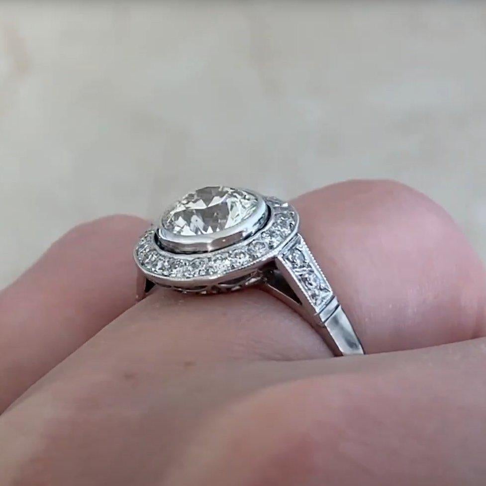 Taille vieille Europe Bague de fiançailles à halo en platine, diamant ancien de taille européenne (environ 1,4 carats) en vente