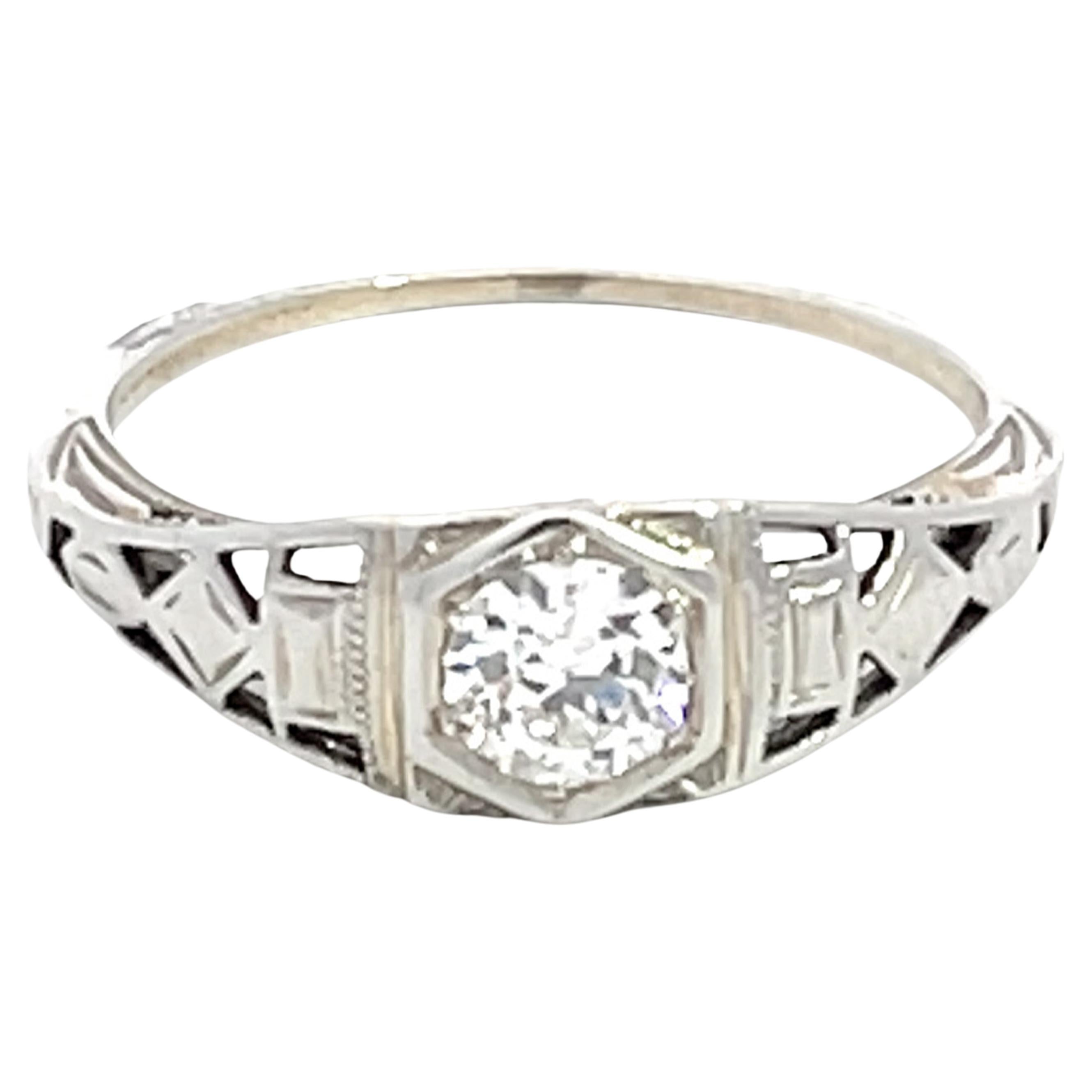 Old European Cut Diamond Art Deco Ring in 18k White Gold For Sale