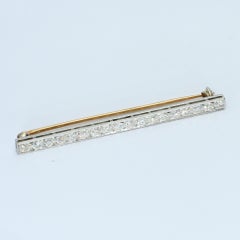 Old European Cut Diamond Bar Brooch in Platinum & Yellow Gold