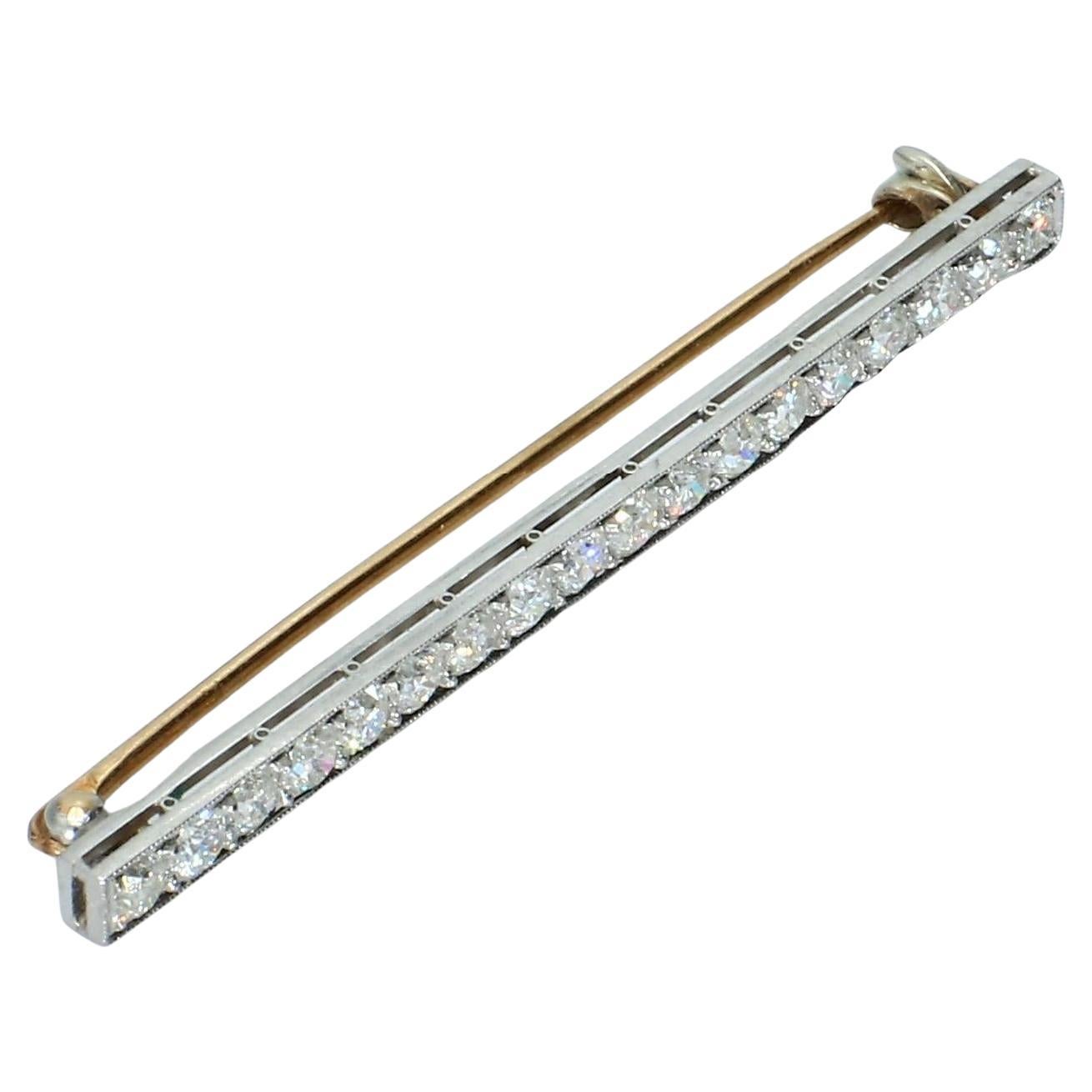 Old European Cut Diamond Bar Brooch in Platinum 
Yellow Gold For Sale