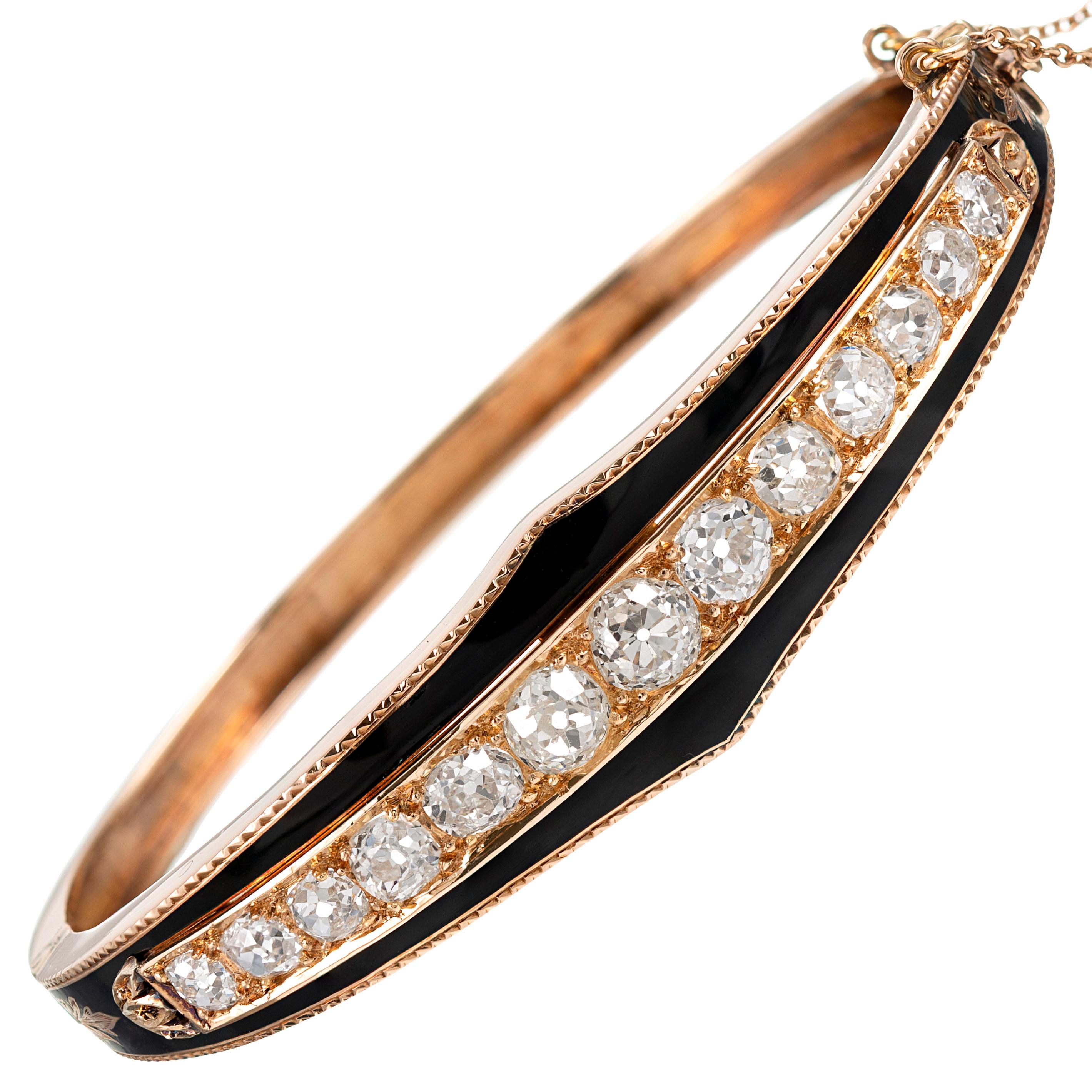 Old European Cut Diamond and Black Enamel Bangle Bracelet at 1stDibs