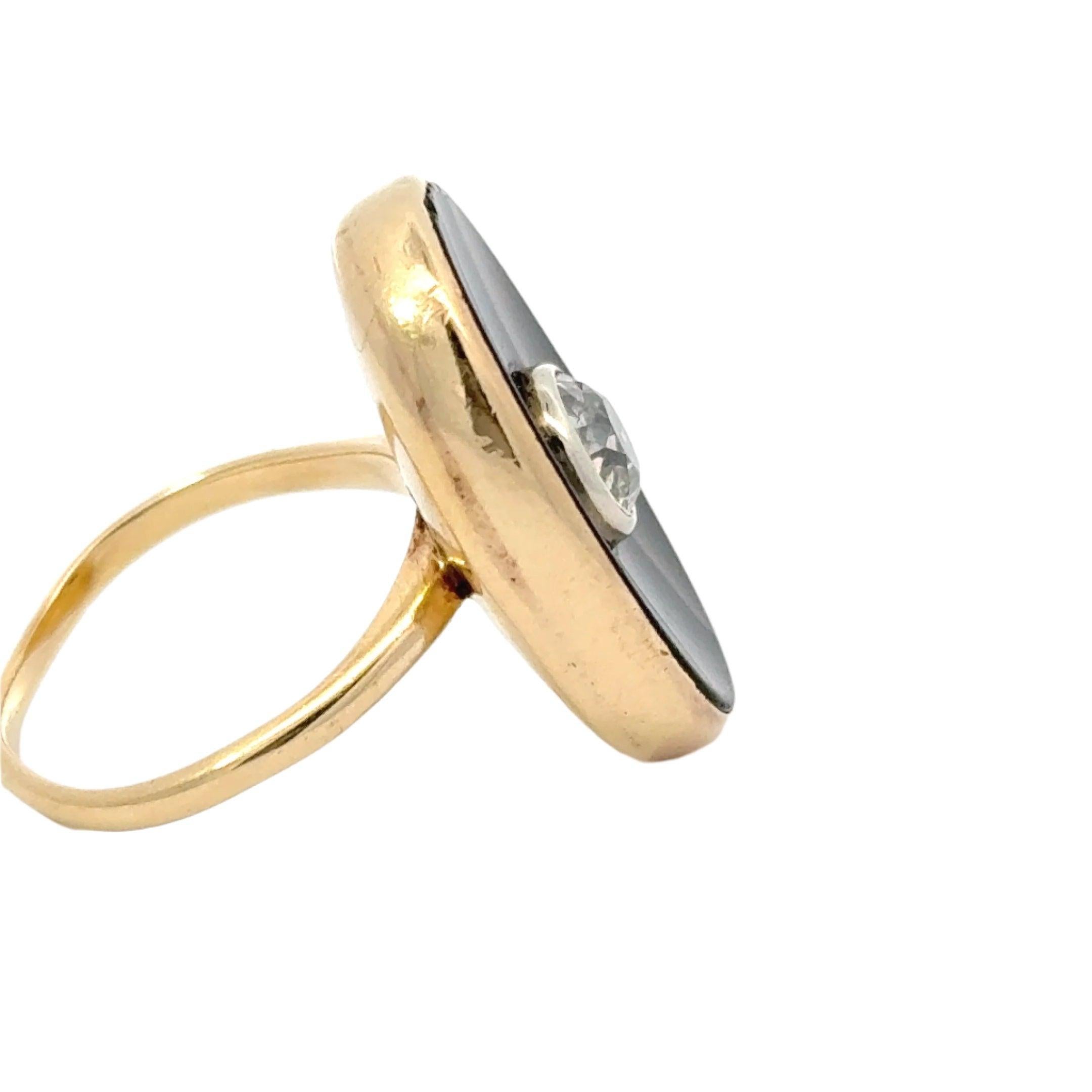 Old European Cut Diamond, Black Onyx in 14K Yellow Gold Vintage Ring In condizioni buone in vendita a Derby, NY
