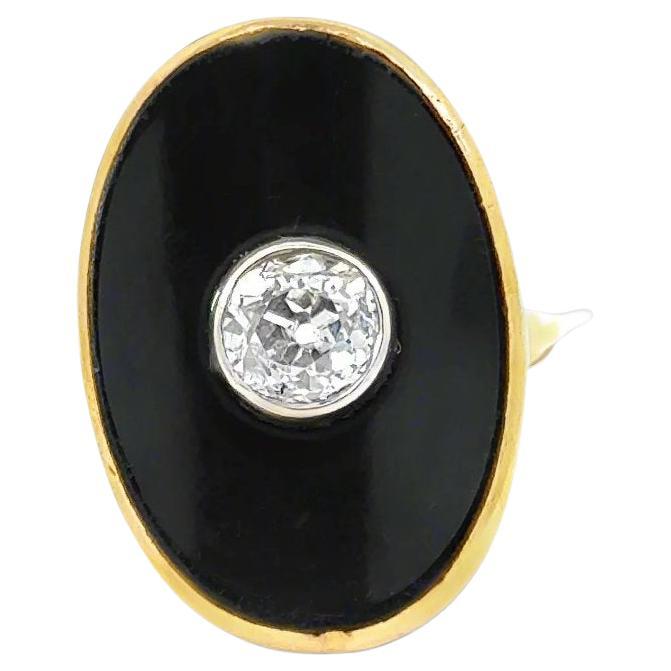 Old European Cut Diamond, Black Onyx in 14K Yellow Gold Vintage Ring in vendita