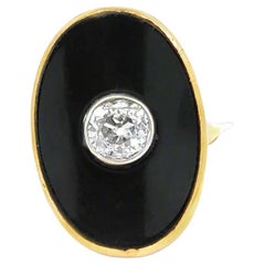 Old European Cut Diamond, Black Onyx in 14K Yellow Gold Vintage Ring