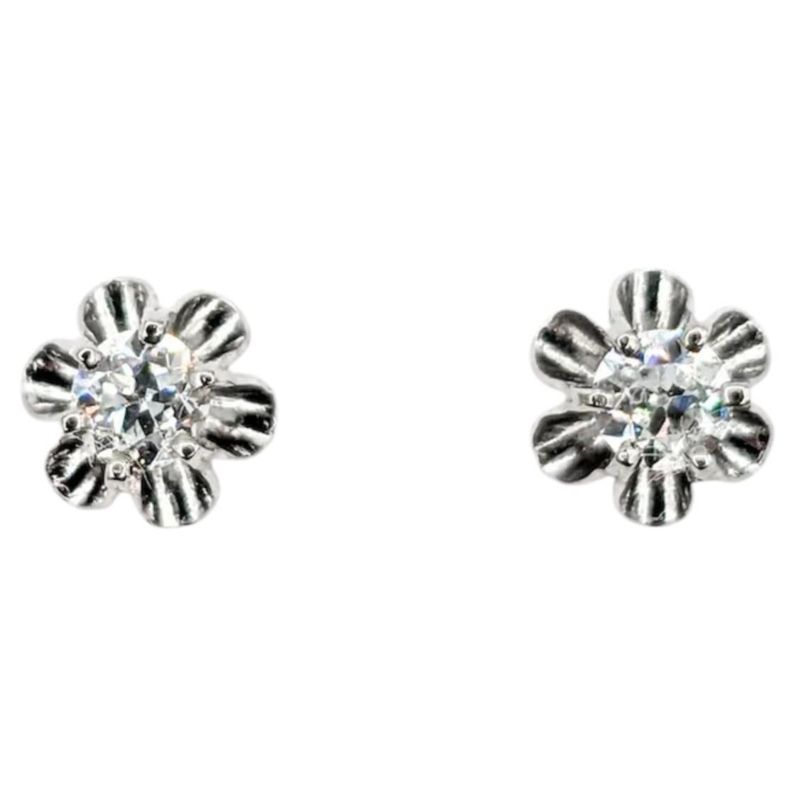 Old European Cut Diamond Buttercup Stud Earrings in 14k White Gold