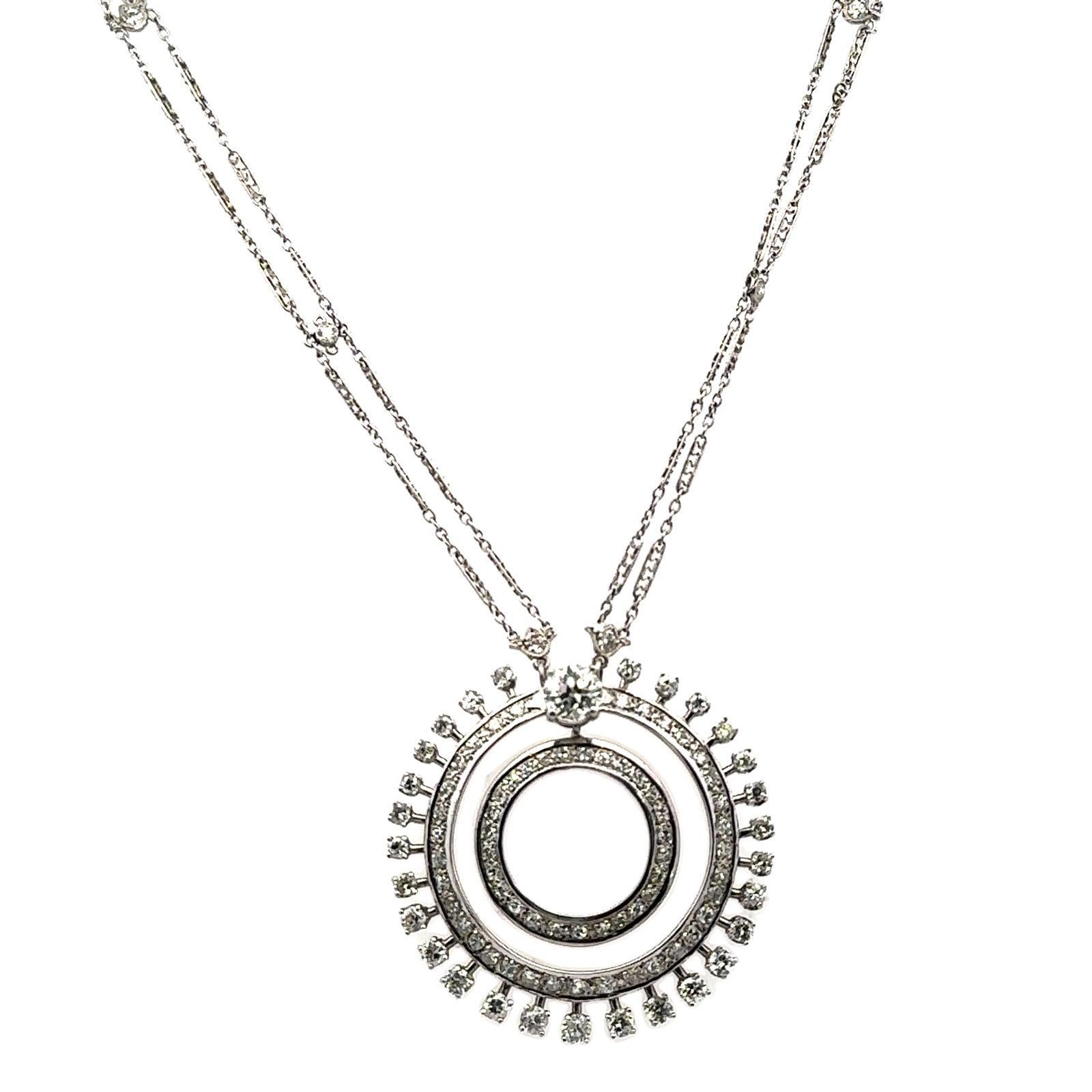 Collar vintage de diamantes de doble cadena con colgante circular de diamantes talla europea antigua Art Decó en venta