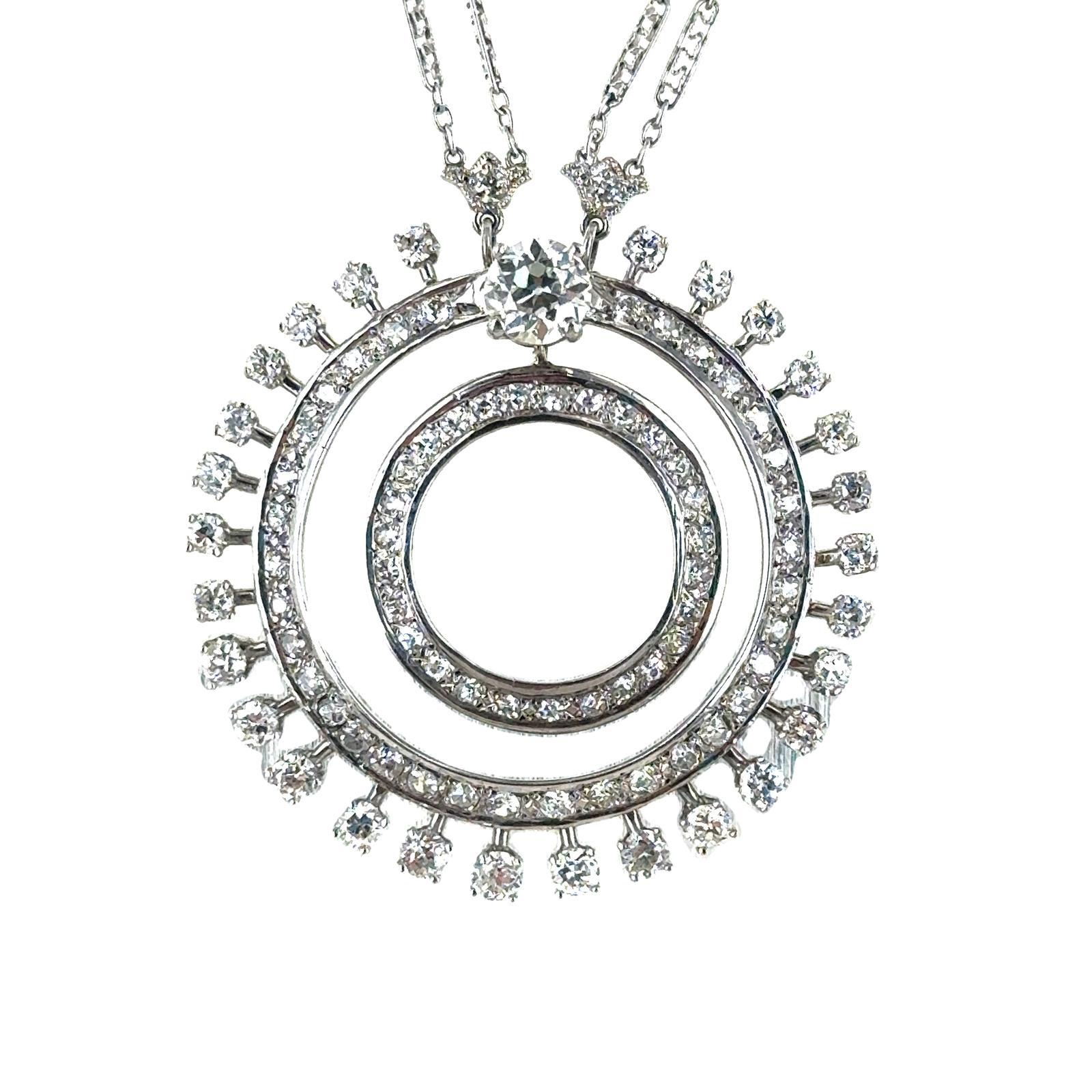 Collar vintage de diamantes de doble cadena con colgante circular de diamantes talla europea antigua Corte europeo antiguo en venta