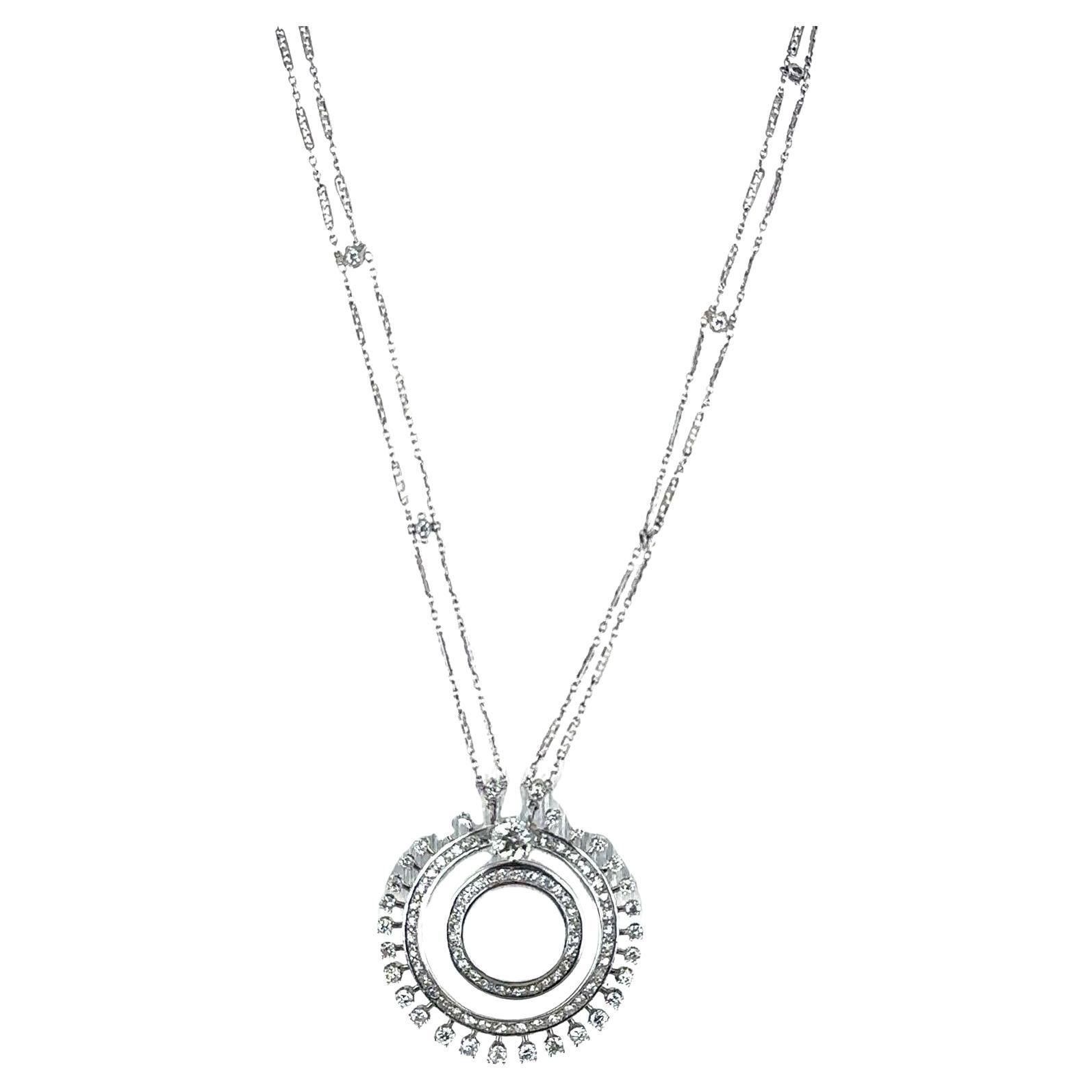 Collar vintage de diamantes de doble cadena con colgante circular de diamantes talla europea antigua en venta
