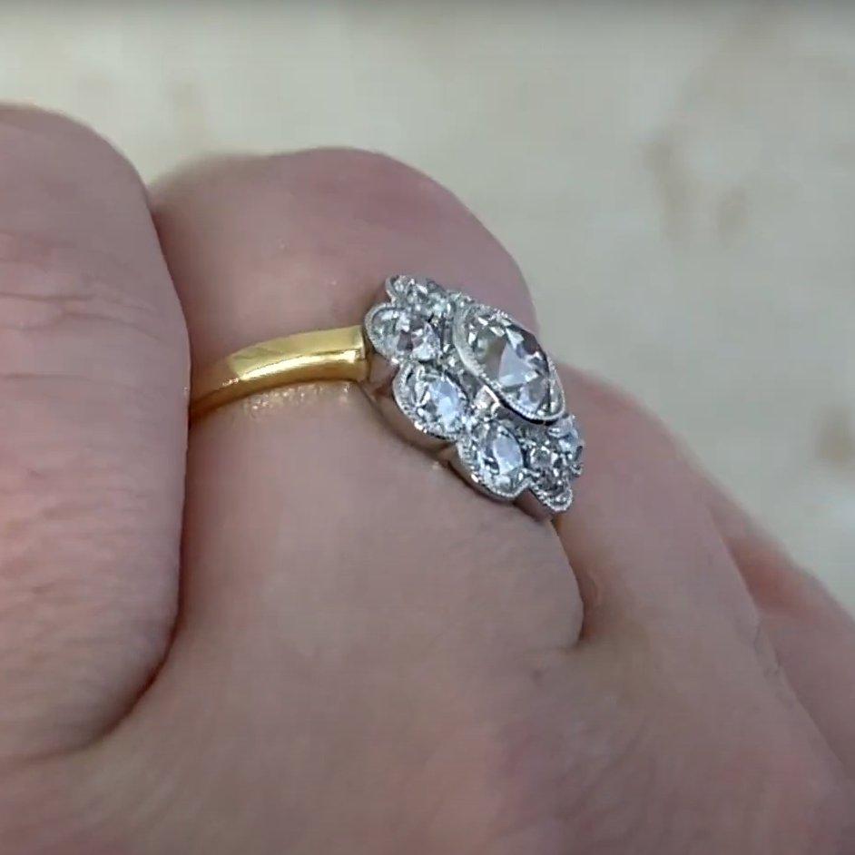 Taille vieille Europe Bague grappe de diamants taille européenne ancienne (environ 0,8 carat), VS1, or jaune 18 carats en vente
