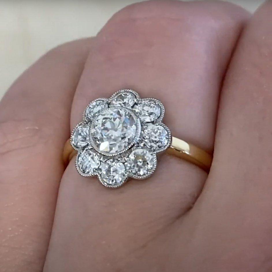 Bague grappe de diamants taille européenne ancienne (environ 0,8 carat), VS1, or jaune 18 carats Pour femmes en vente