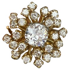 Anello a grappolo con diamanti taglio europeo antico in oro giallo 14k