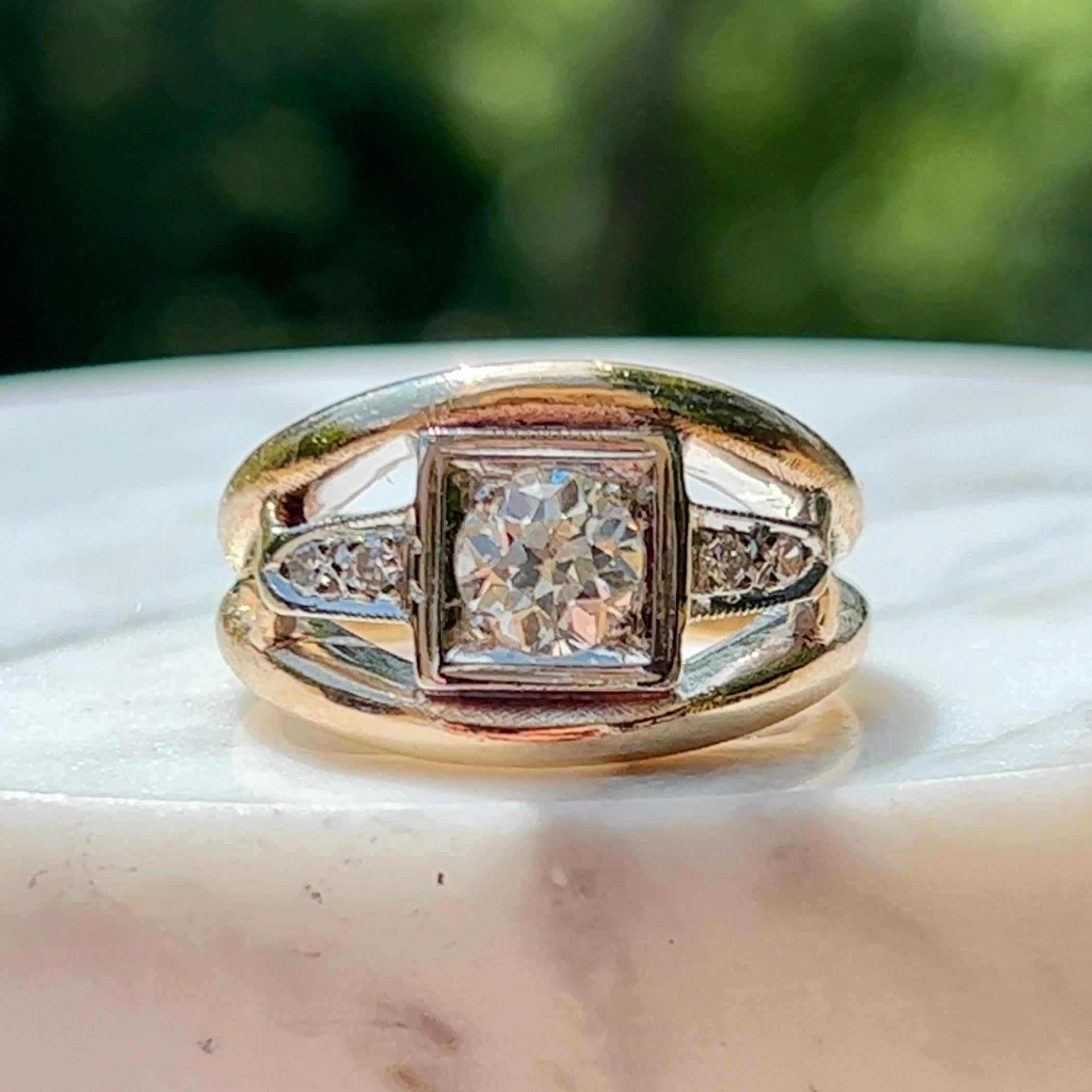 Women's or Men's Old European Cut Diamond Custom Design Ring 1940s/Contemporary For Sale