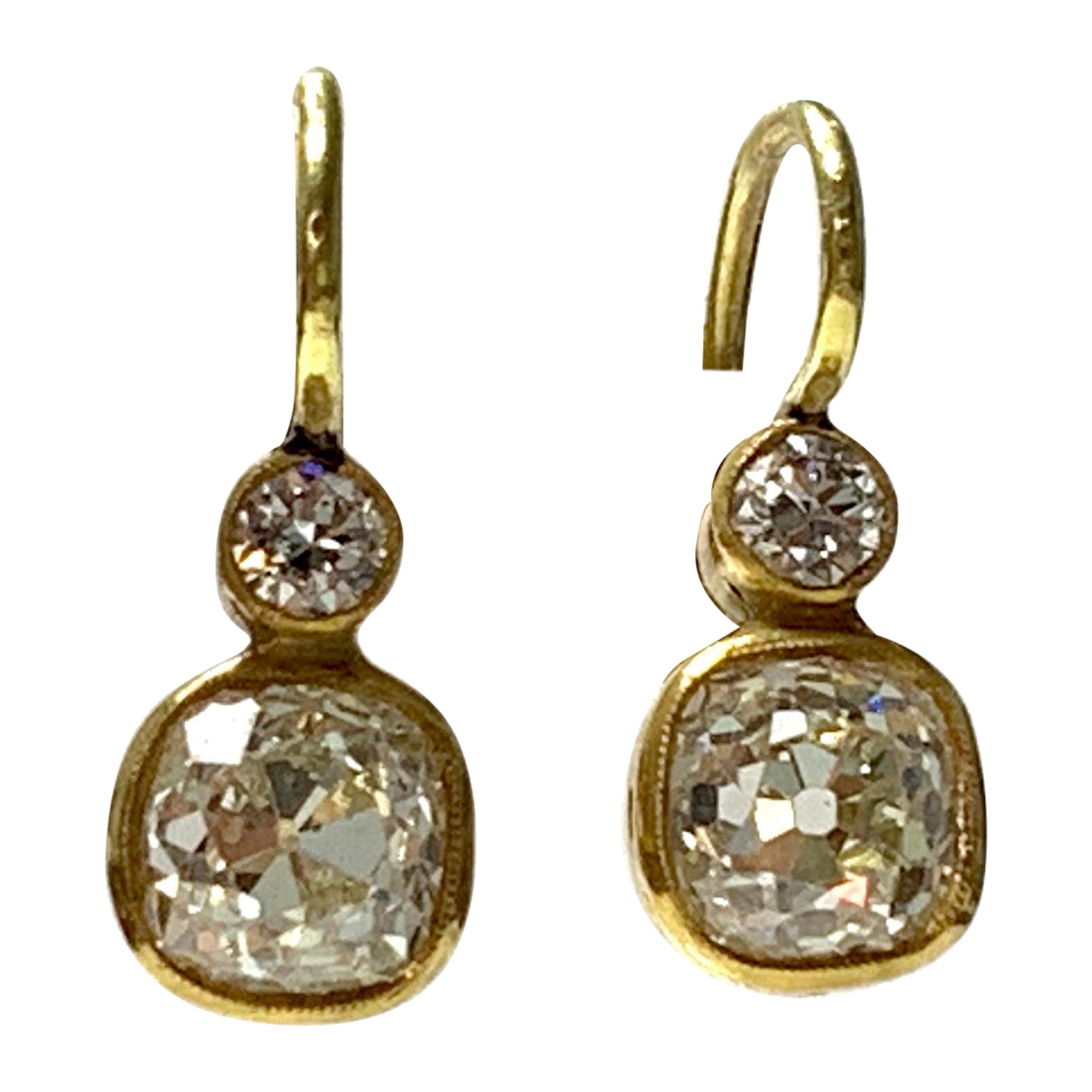 Old Mine Cut Diamond Dangle Earrings in 18 Karat Yellow Gold