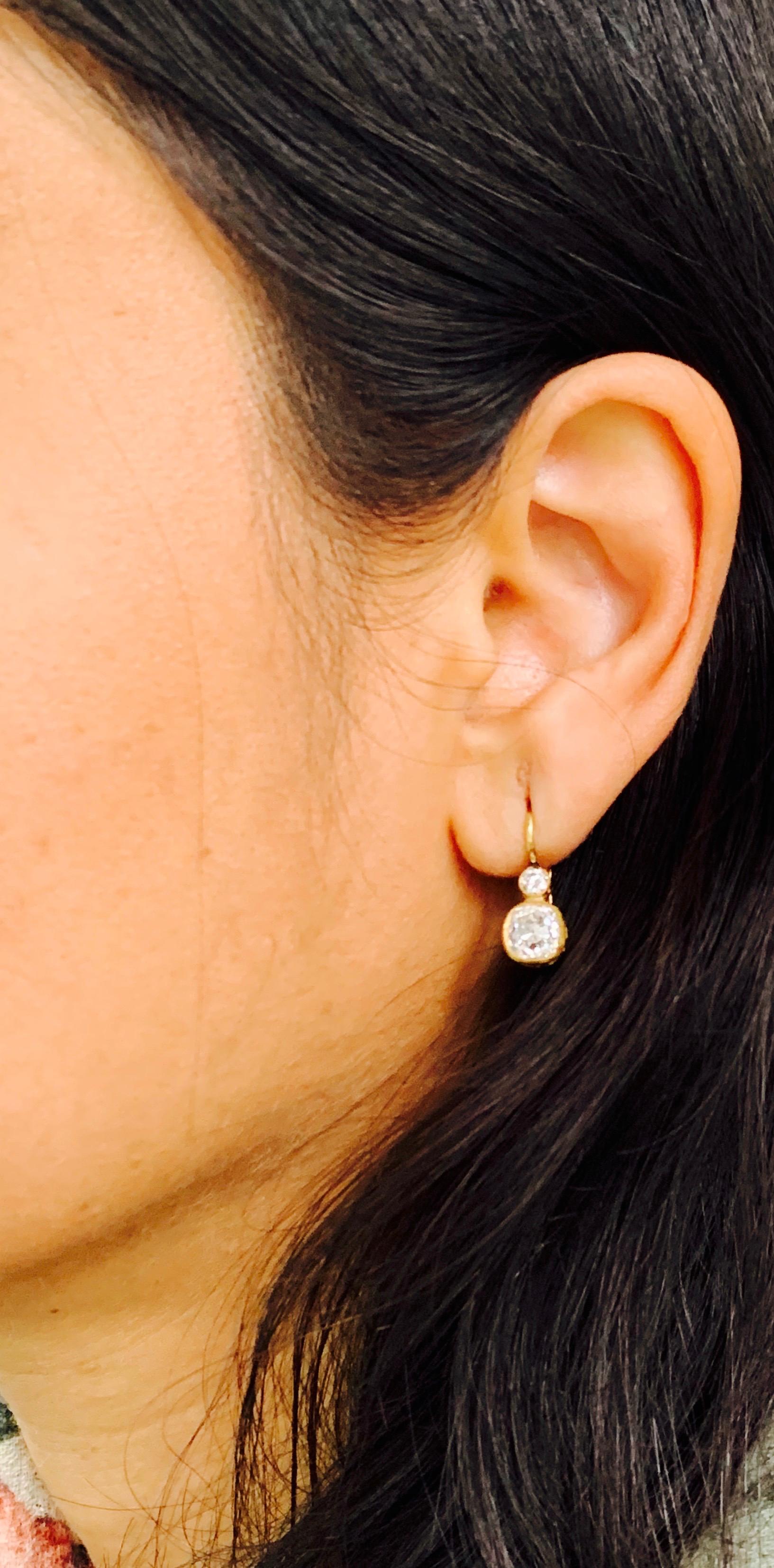 Old Mine Cut Diamond Dangle Earrings in 18 Karat Yellow Gold 9