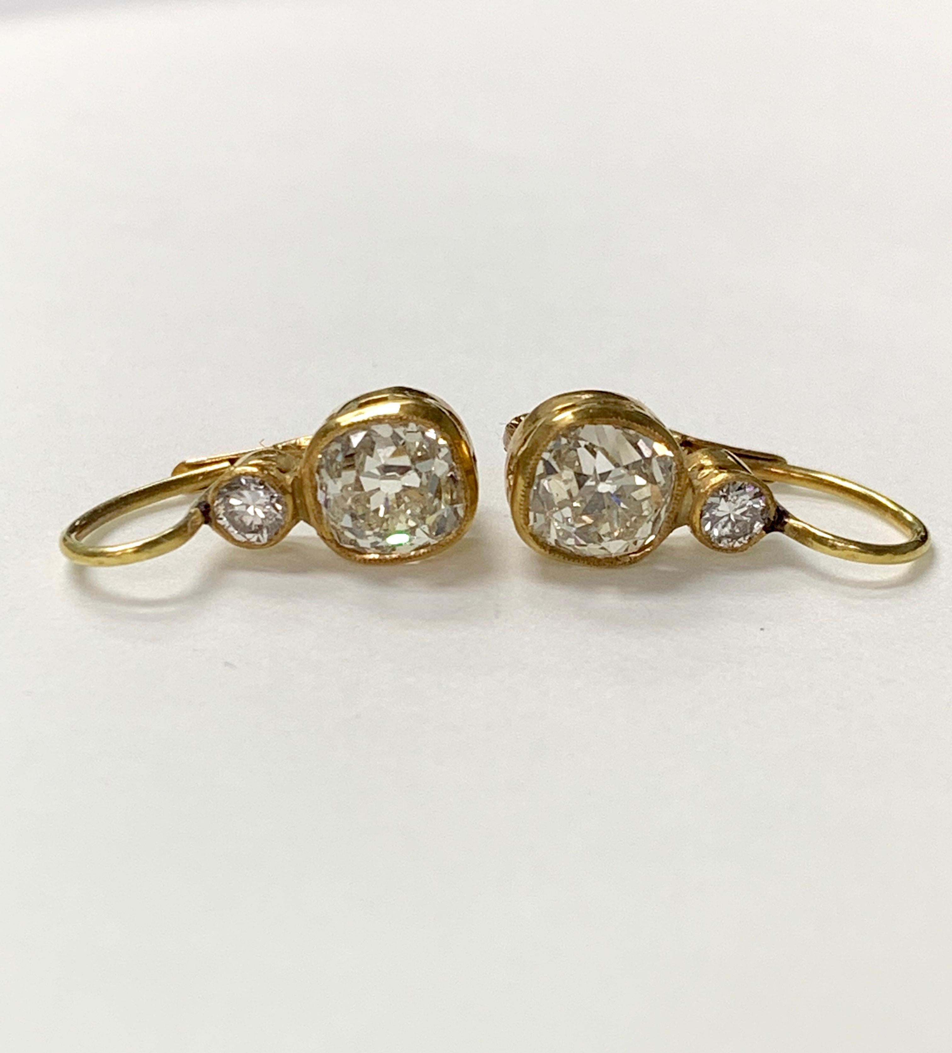 Old Mine Cut Diamond Dangle Earrings in 18 Karat Yellow Gold 1