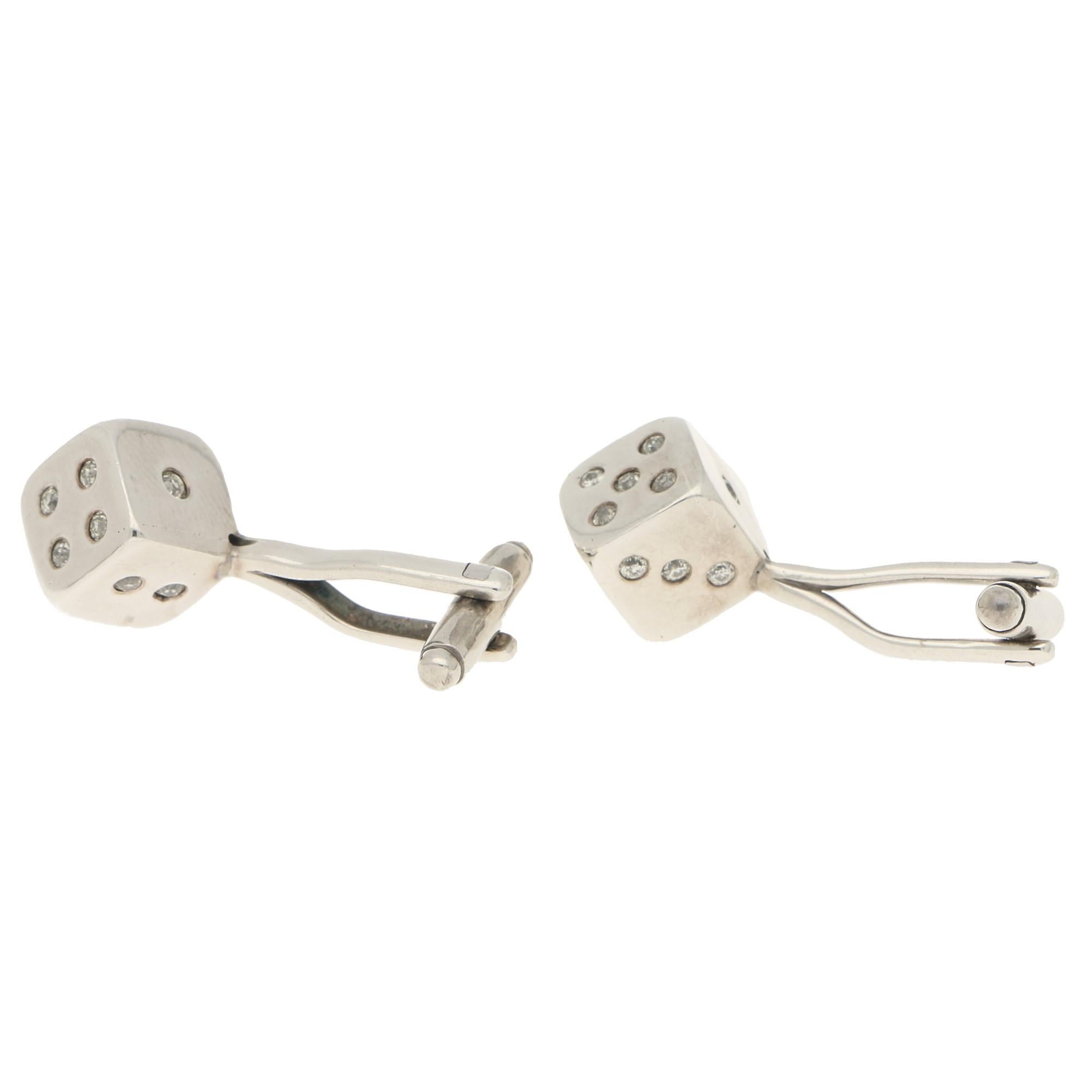 Retro Old European Cut Diamond Dice Swivel Back Cufflinks in White Gold