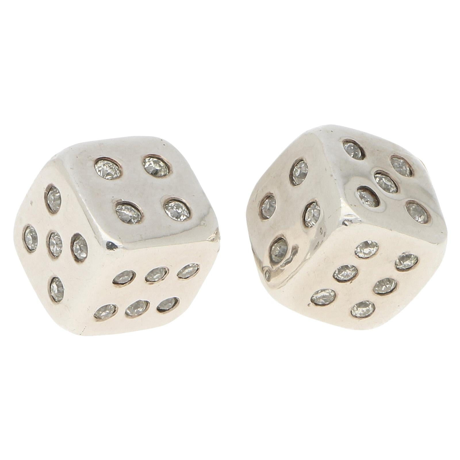 Old European Cut Diamond Dice Swivel Back Cufflinks in White Gold