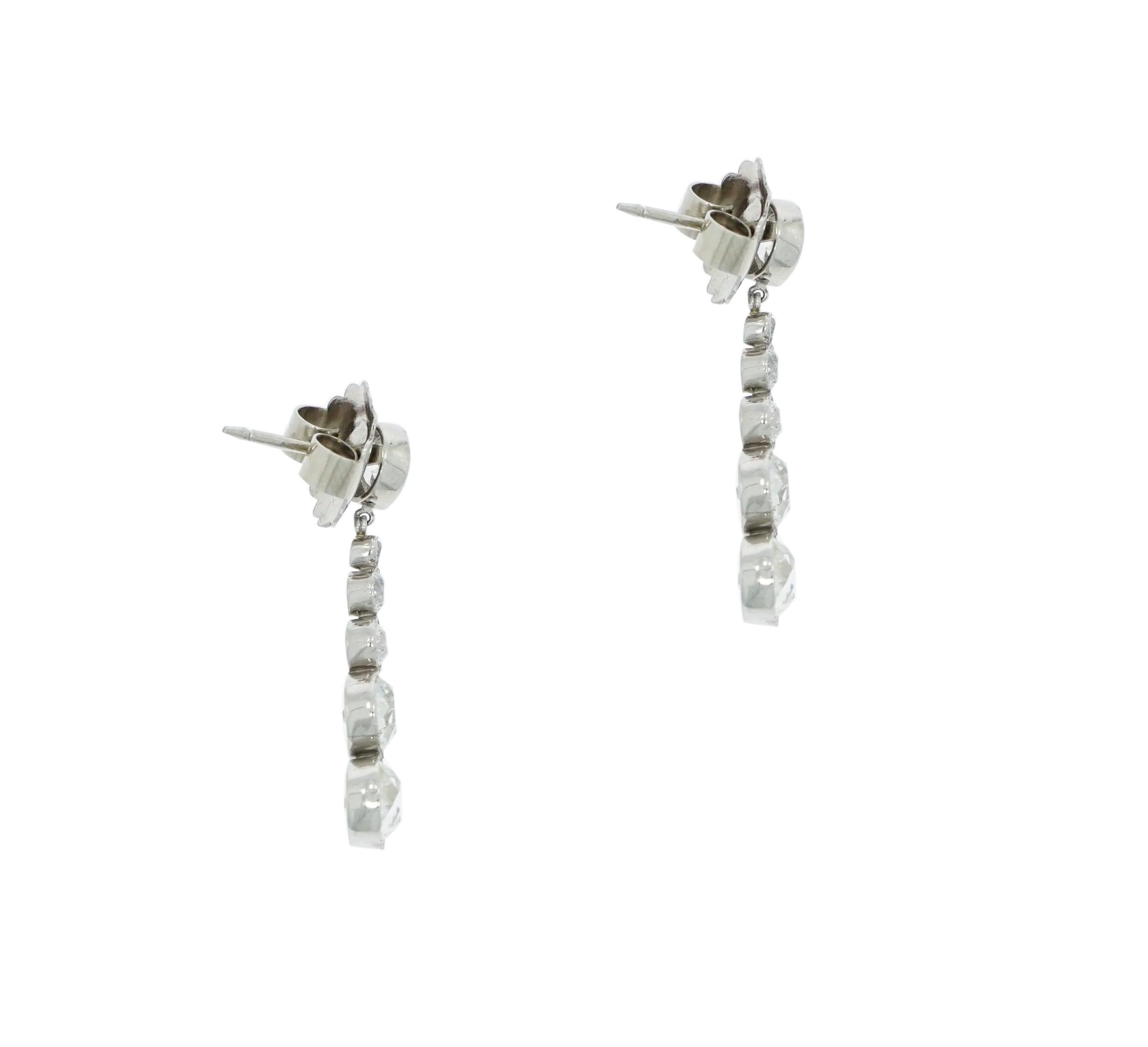 Old European Cut Diamond Drop White Gold Earrings In Excellent Condition In Greenwich, CT