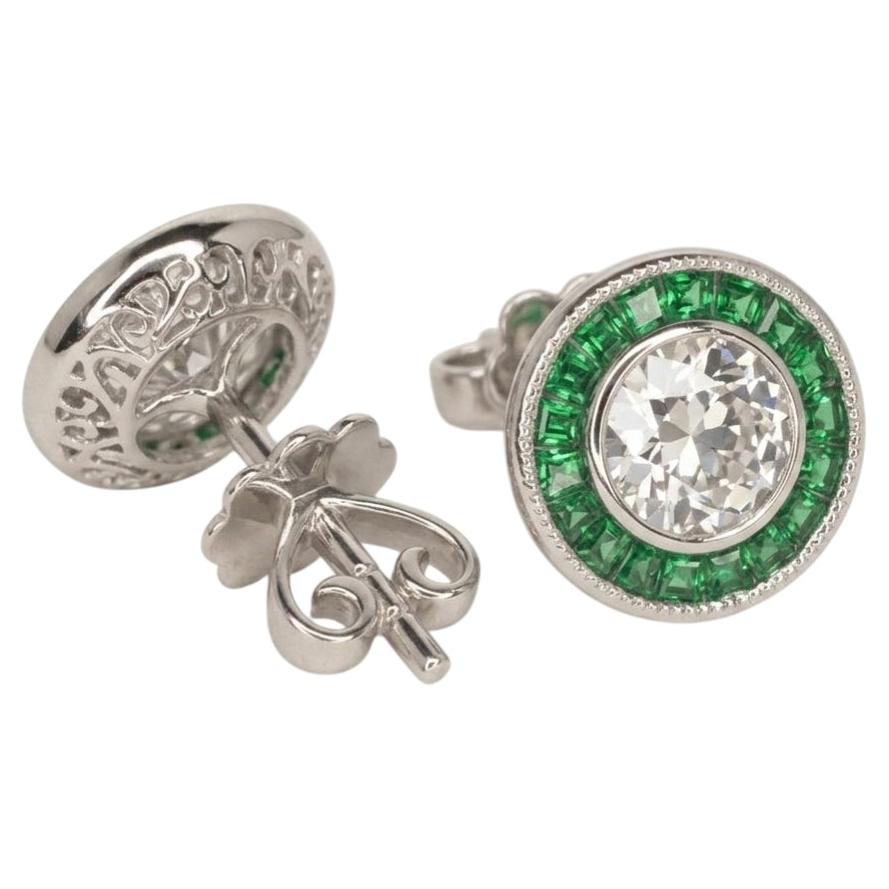 Old European Cut Diamond Emerald Halo Stud Earrings in 14k White Gold