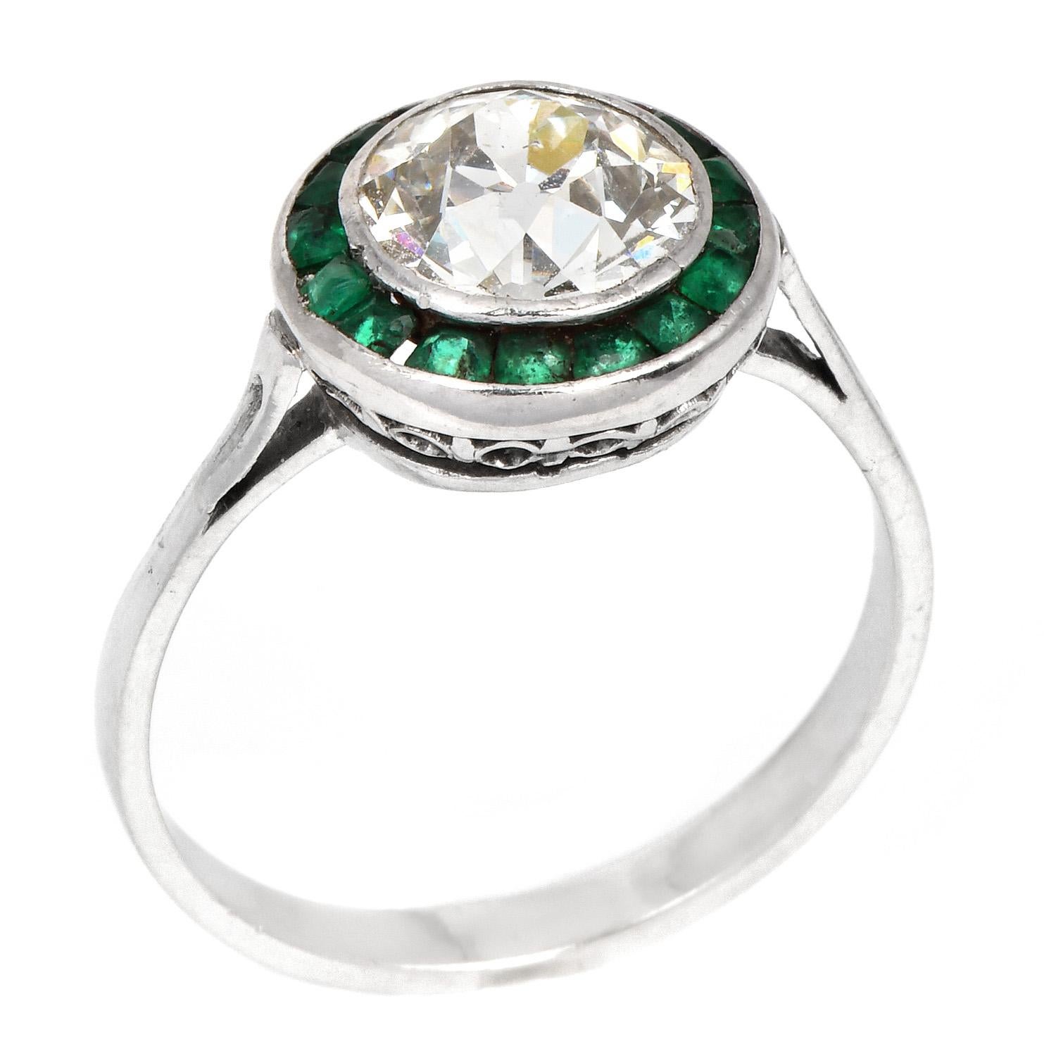 Art Deco Old European Cut Diamond Emerald Platinum Engagement Ring