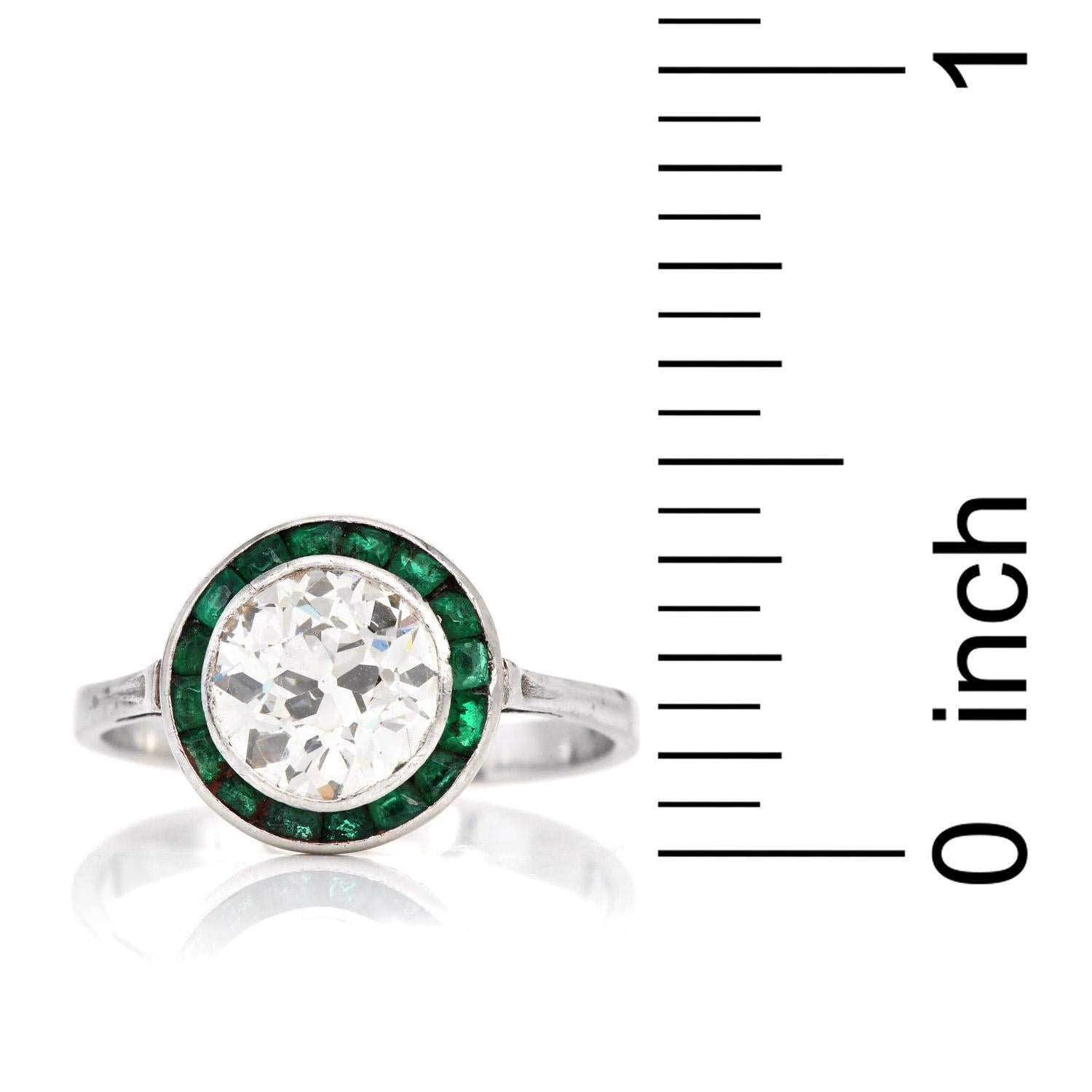 Women's Old European Cut Diamond Emerald Platinum Engagement Ring
