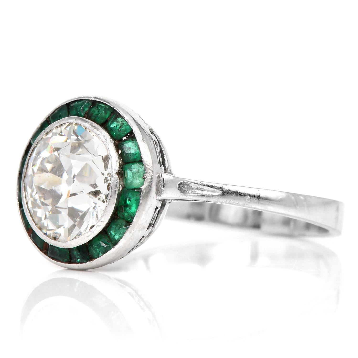 Old European Cut Diamond Emerald Platinum Engagement Ring 1