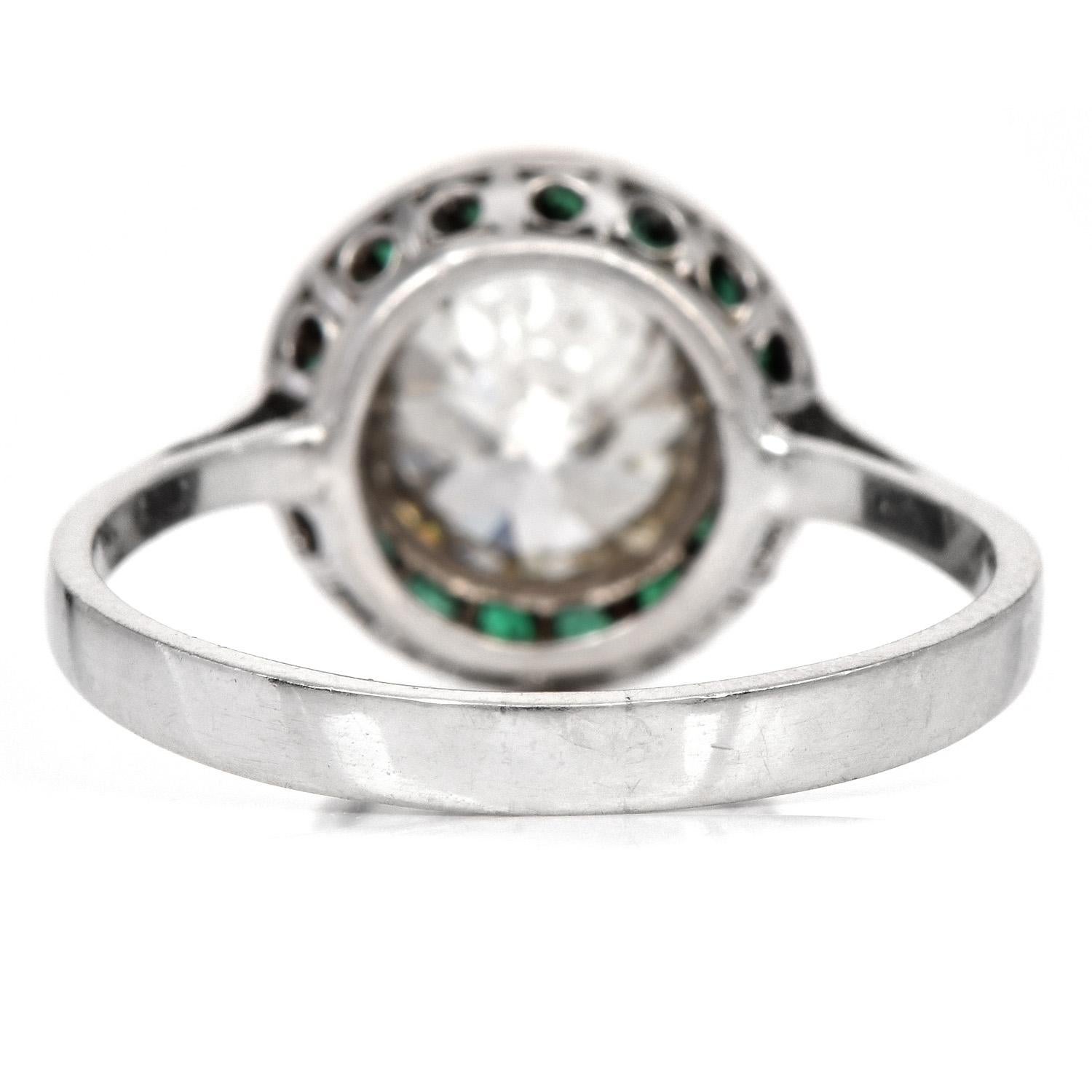 Old European Cut Diamond Emerald Platinum Engagement Ring 2