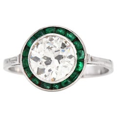 Vintage Old European Cut Diamond Emerald Platinum Engagement Ring