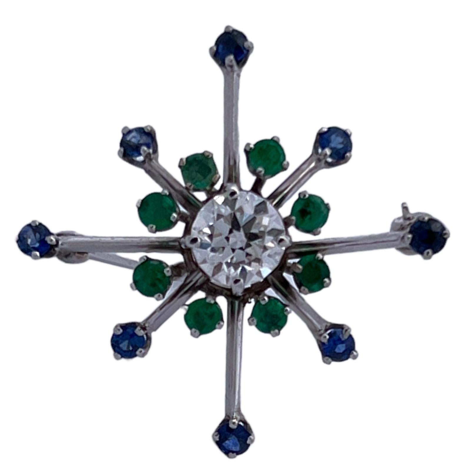 Old European Cut Diamond Emerald Sapphire White Gold Pendant Brooch Pin In Excellent Condition For Sale In Boca Raton, FL