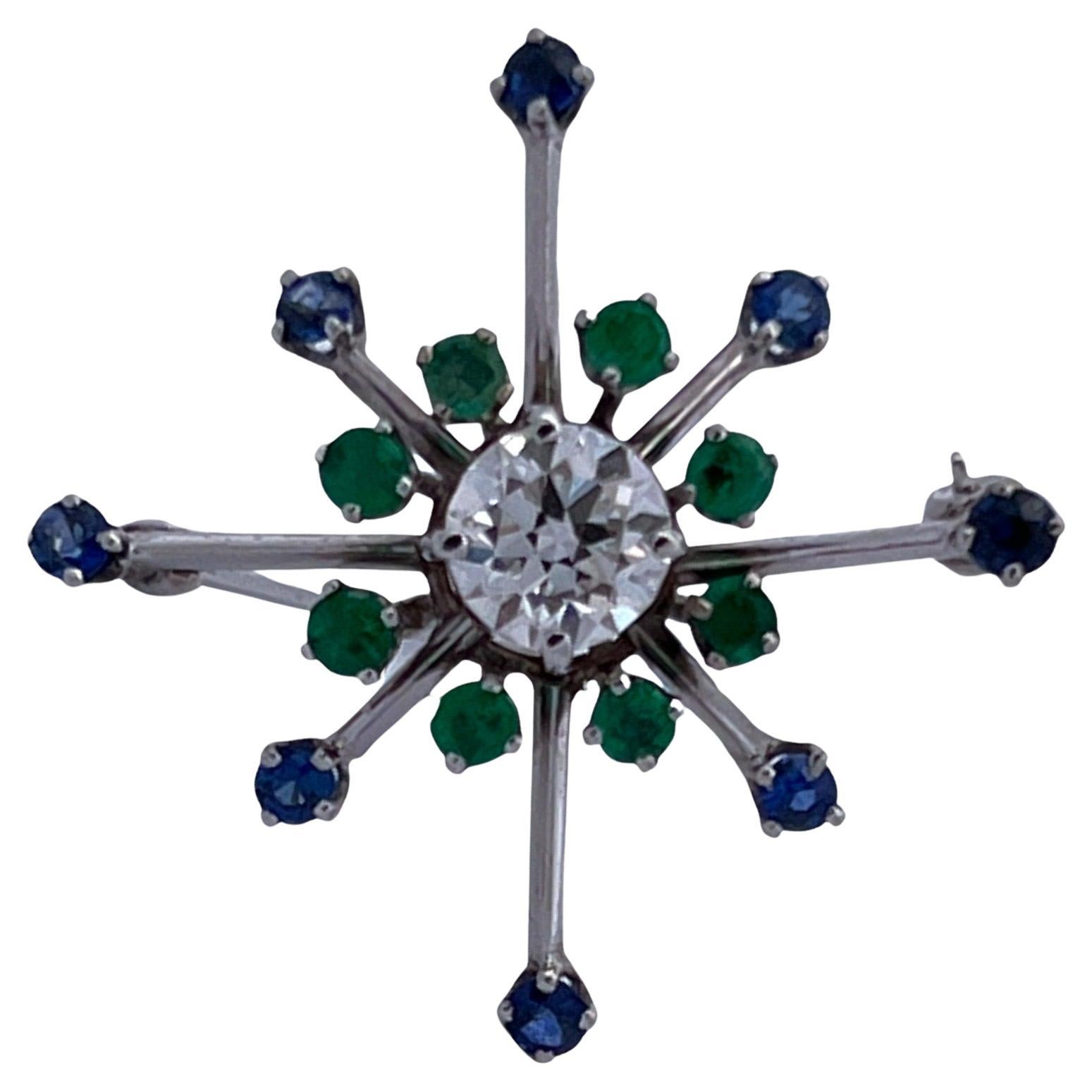 Old European Cut Diamond Emerald Sapphire White Gold Pendant Brooch Pin For Sale