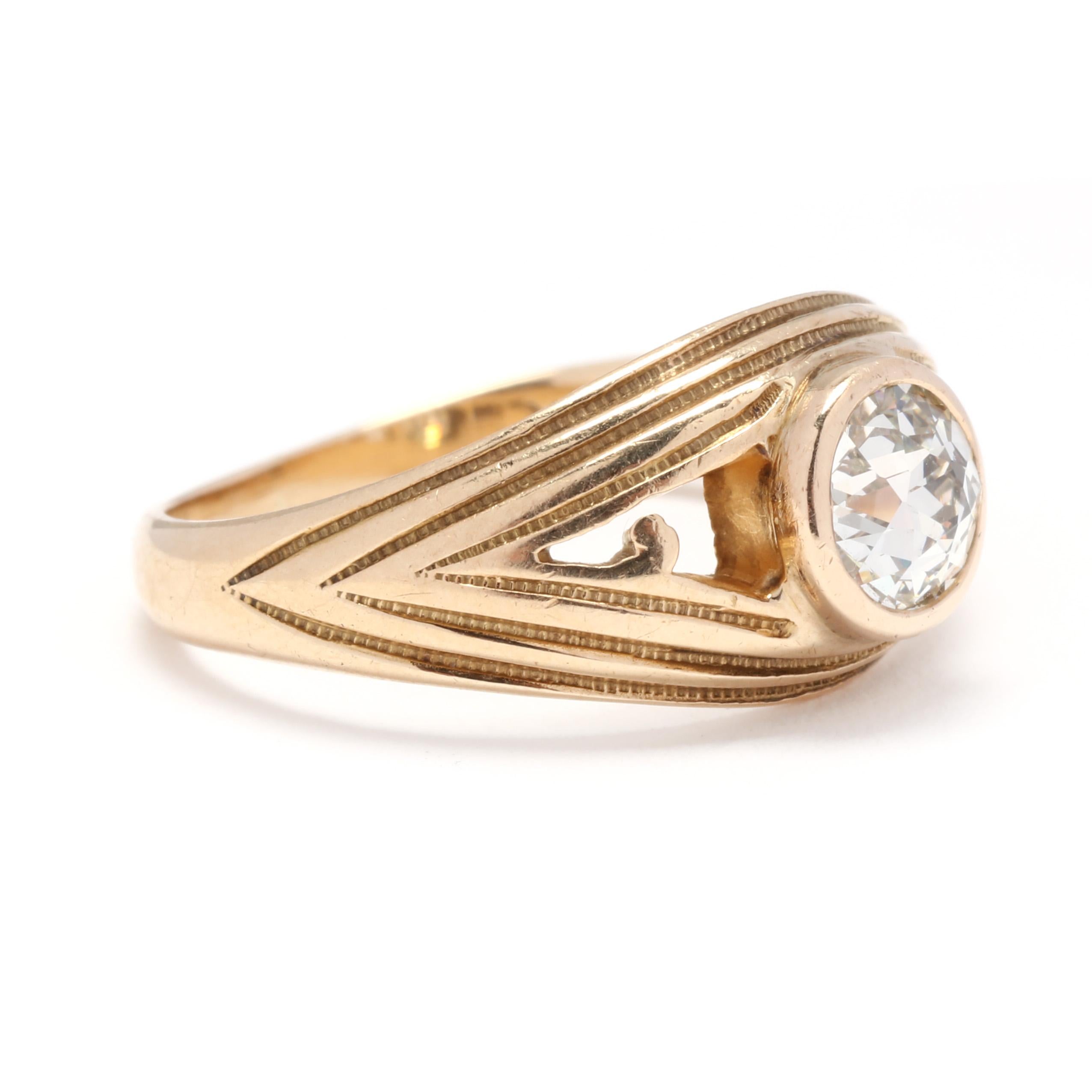 Stone:
- diamond, 1 stone
- old European cut
- 6.1 x 6.05 x 4.03 mm
- approximately .90 carat
- H color, VS2 clarity

Ring Size 6.75

Rise Off Of Finger: 4.85 mm

Width: 9.65 mm

Weight: 2.9 dwts. / 4.51 grams

Stamps: 14K

A Couple Of Things to