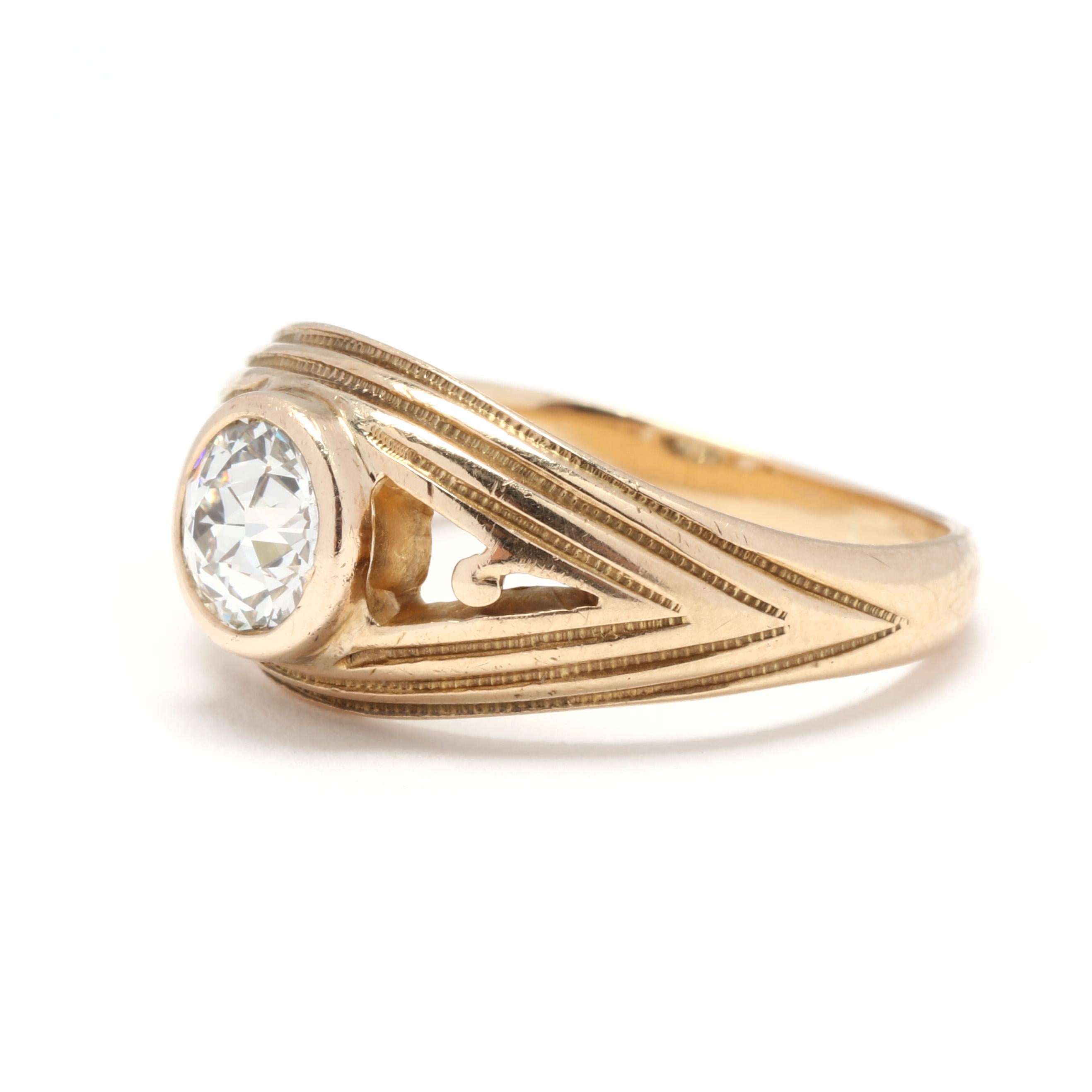 Women's or Men's Old European Cut Diamond Engagement Ring, 14KT Yellow Gold, Ring For Sale